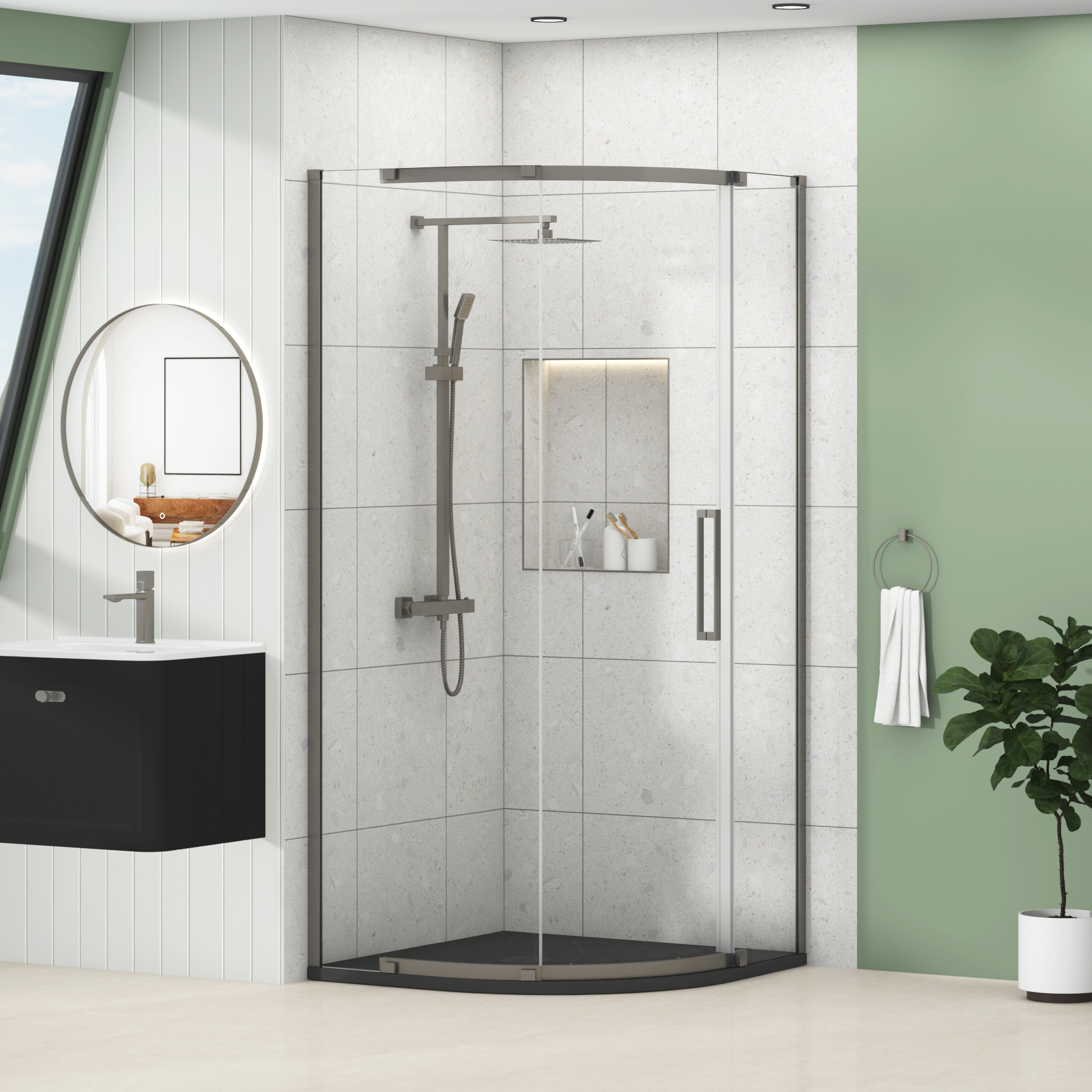 Chelsea Single Door Quadrant Shower Enclosure with Black Stone Tray 8mm Easy Clean Glass, 1950mm Tall - Gun Metal Grey