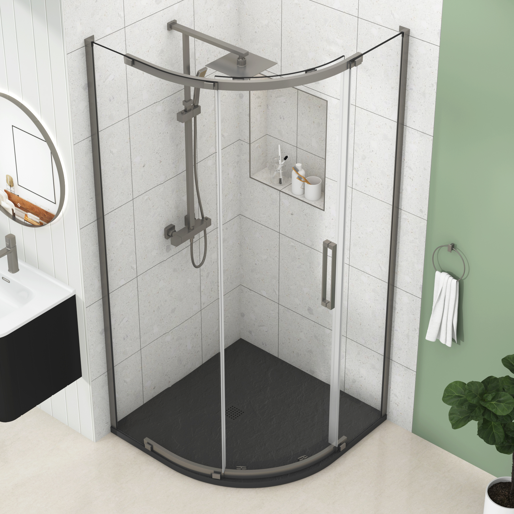 Chelsea Single Door Quadrant Shower Enclosure with Black Stone Tray 8mm Easy Clean Glass, 1950mm Tall - Gun Metal Grey