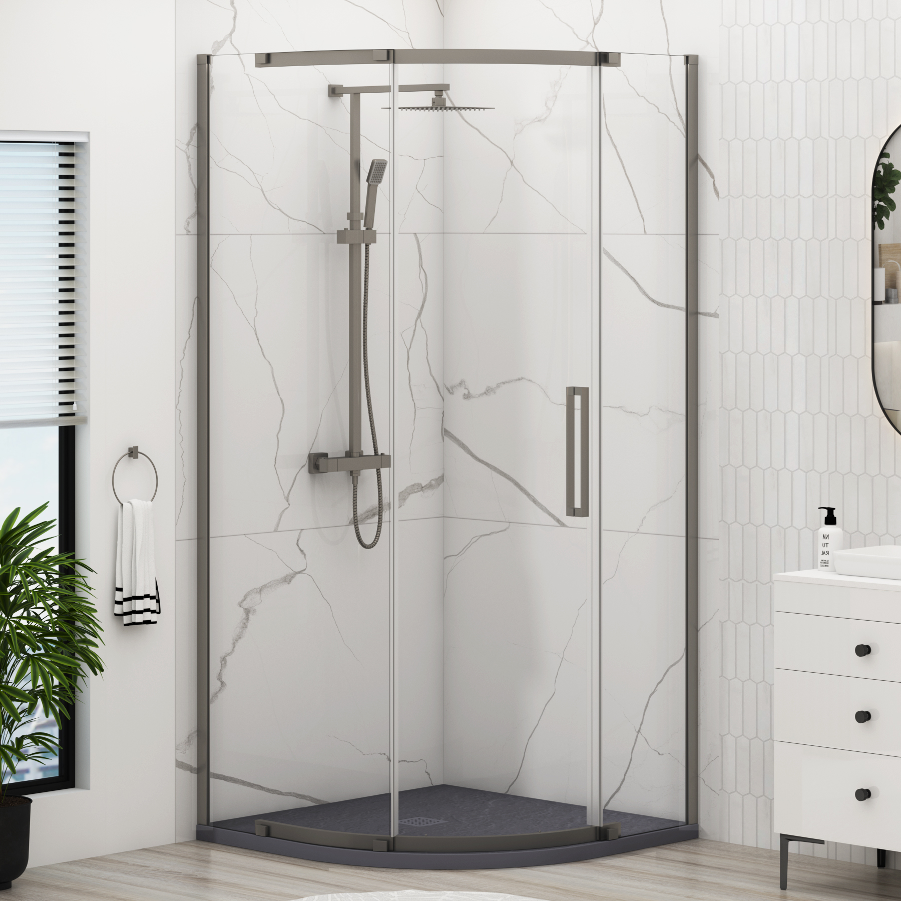 Chelsea Single Door Quadrant Shower Enclosure with Grey Stone Tray 8mm Easy Clean Glass, 1950mm Tall - Gun Metal Grey