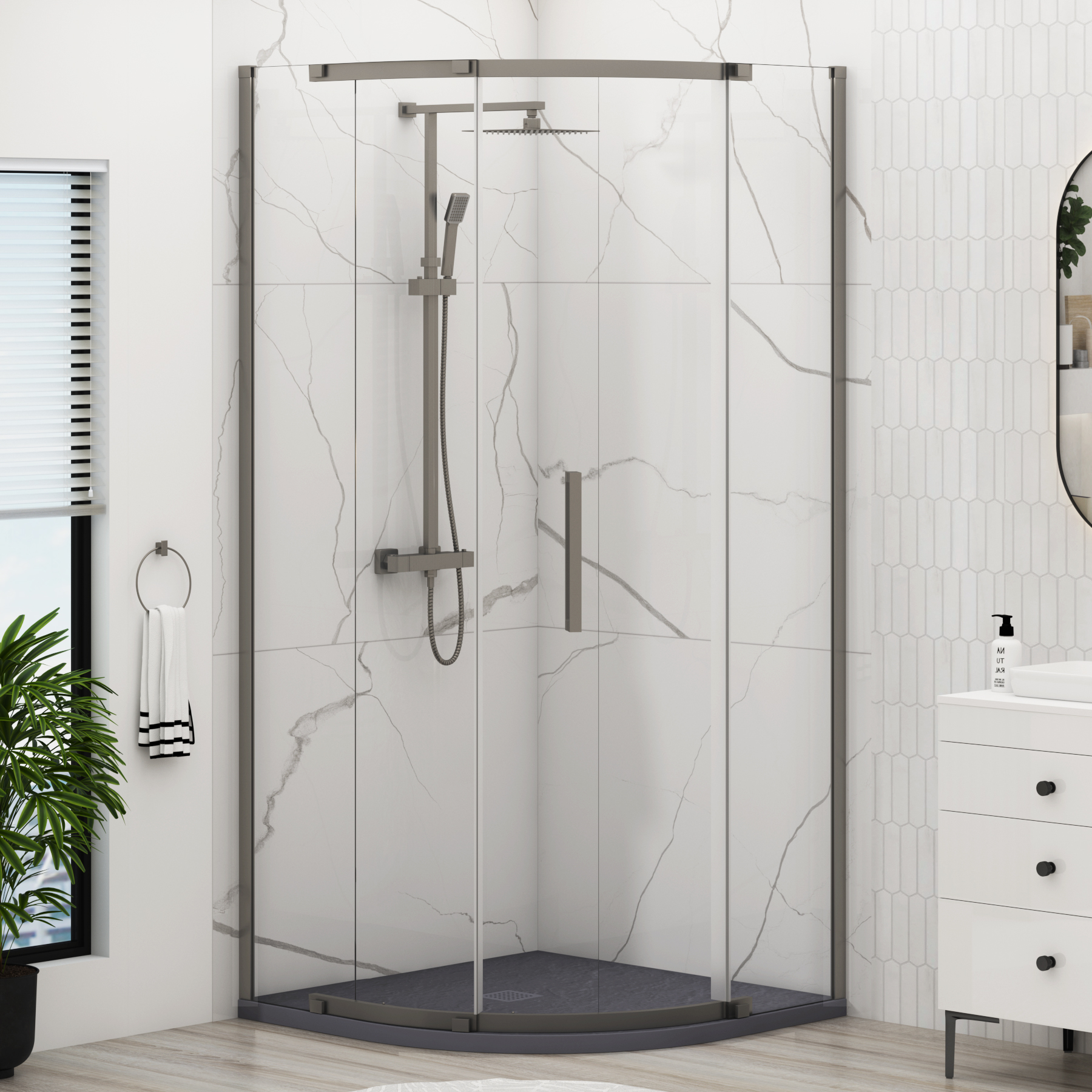 Chelsea Single Door Quadrant Shower Enclosure with Grey Stone Tray 8mm Easy Clean Glass, 1950mm Tall - Gun Metal Grey