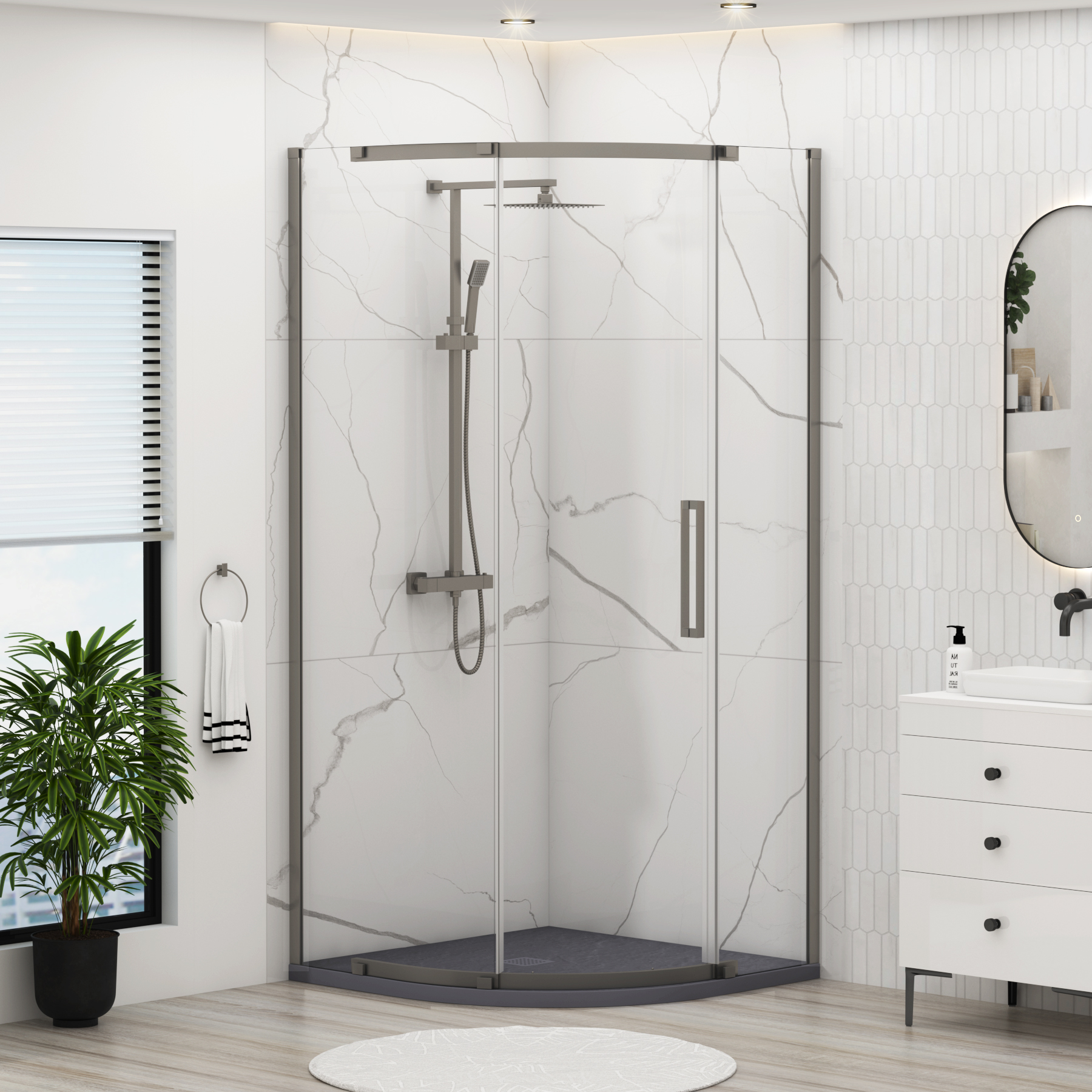 Chelsea Single Door Quadrant Shower Enclosure with Grey Stone Tray 8mm Easy Clean Glass, 1950mm Tall - Gun Metal Grey
