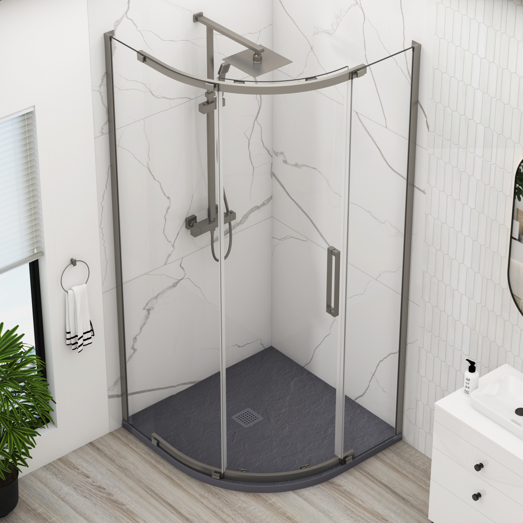Chelsea Single Door Quadrant Shower Enclosure with Grey Stone Tray 8mm Easy Clean Glass, 1950mm Tall - Gun Metal Grey