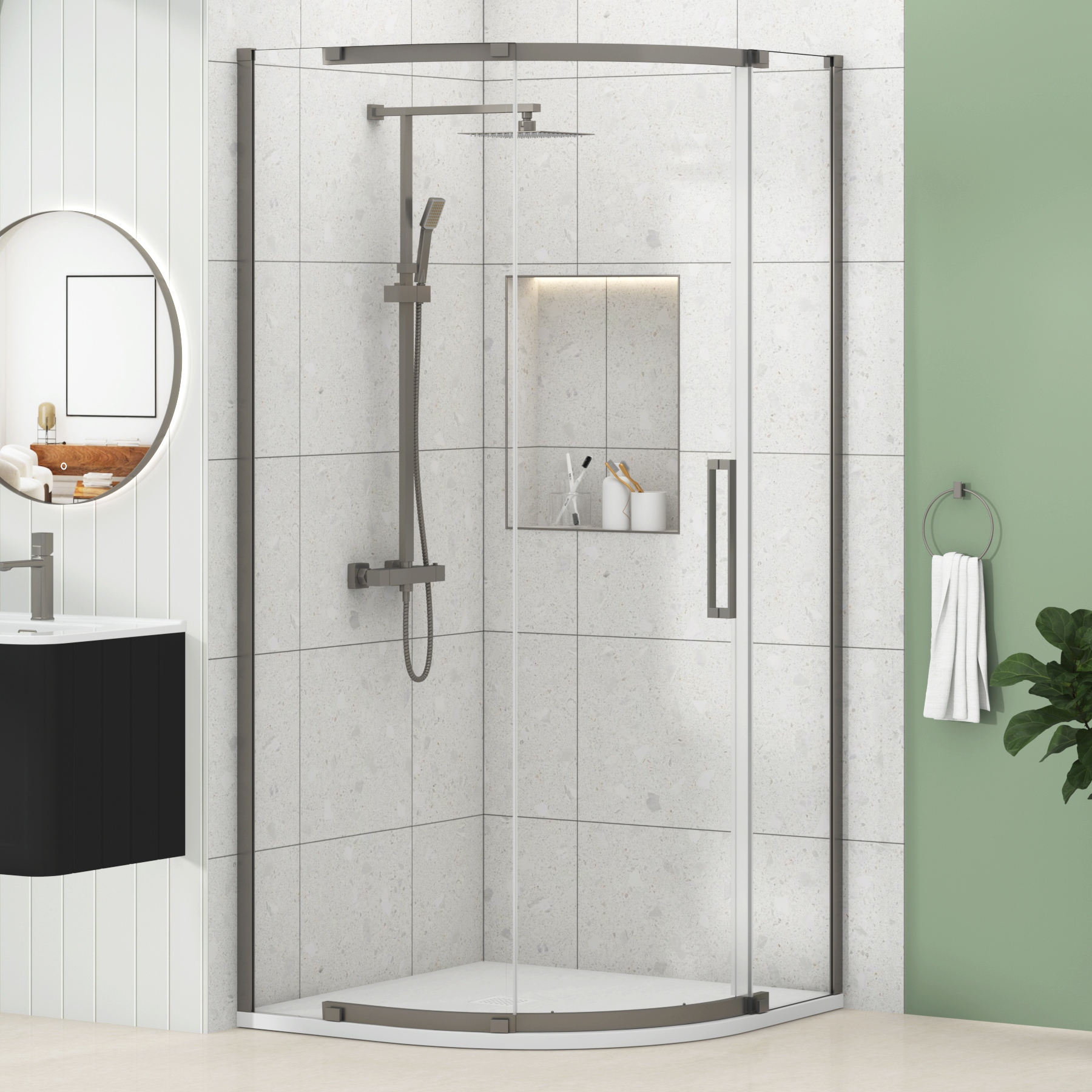 Chelsea Single Door Quadrant Shower Enclosure with White Stone Tray 8mm Easy Clean Glass, 1950mm Tall - Gun Metal Grey