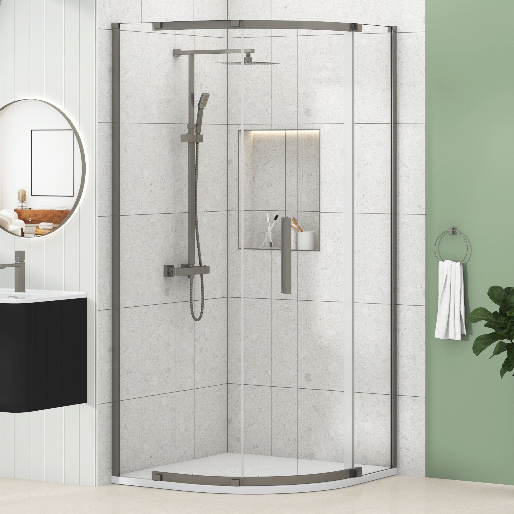 Chelsea Single Door Quadrant Shower Enclosure with White Stone Tray 8mm Easy Clean Glass, 1950mm Tall - Gun Metal Grey