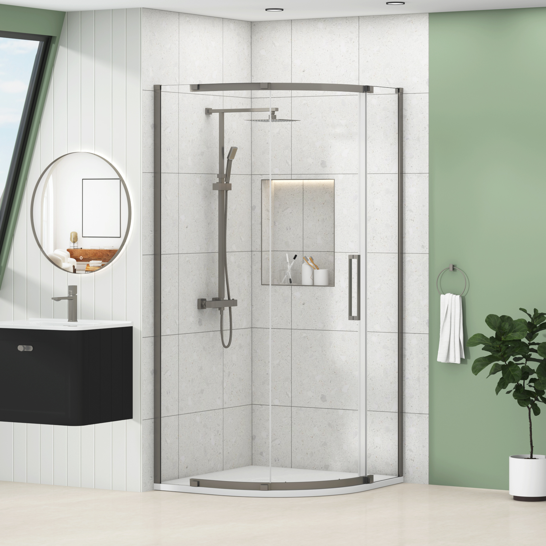 Chelsea Single Door Quadrant Shower Enclosure with White Stone Tray 8mm Easy Clean Glass, 1950mm Tall - Gun Metal Grey
