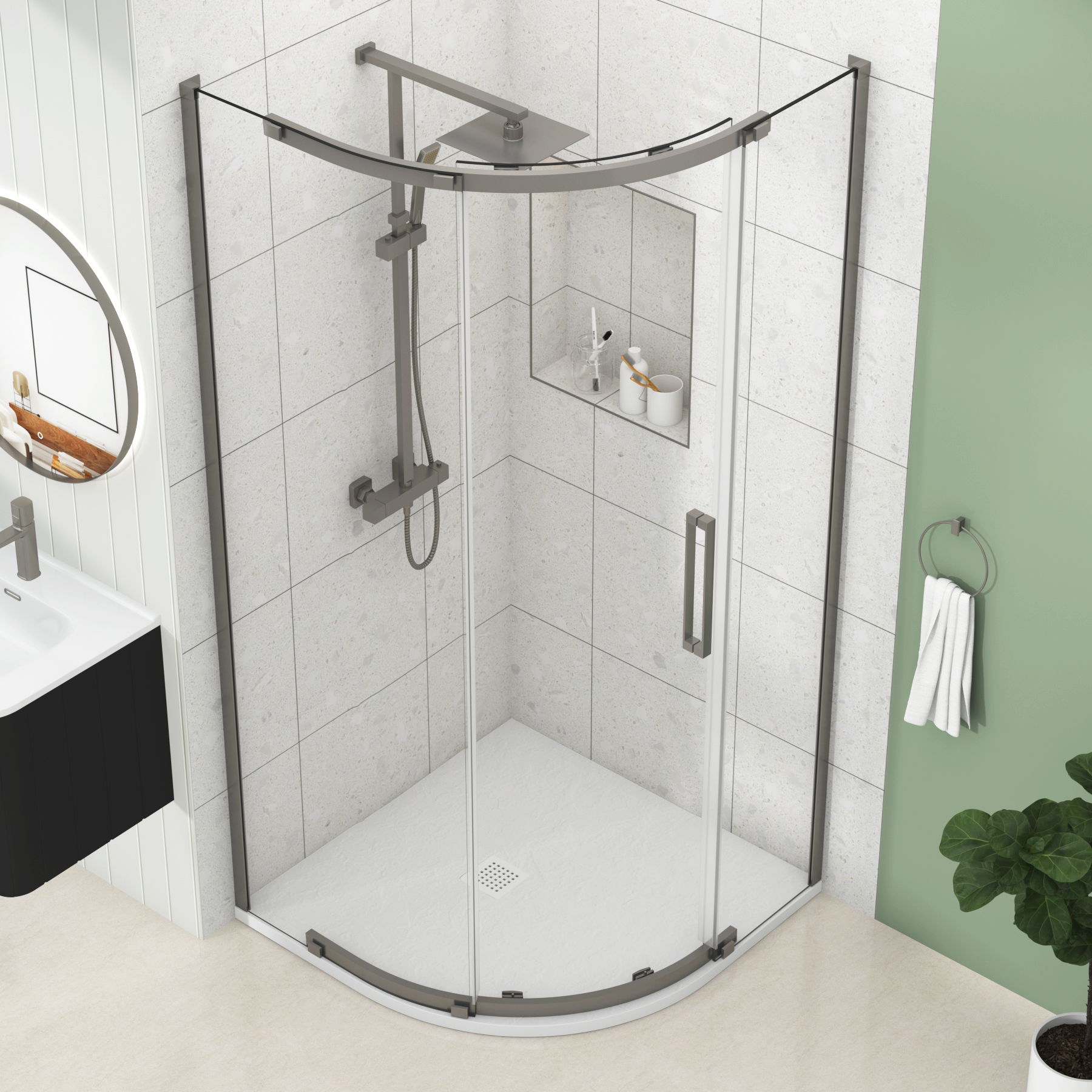 Chelsea Single Door Quadrant Shower Enclosure with White Stone Tray 8mm Easy Clean Glass, 1950mm Tall - Gun Metal Grey