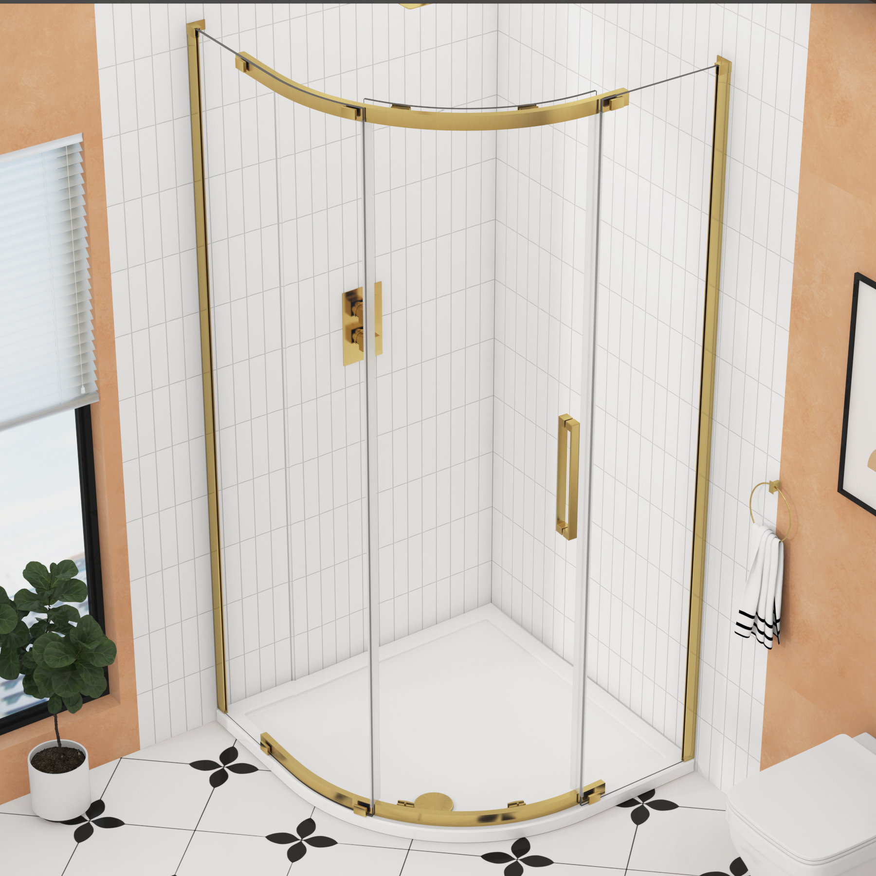 Chelsea Single Door Quadrant Shower Enclosure 8mm Easy Clean Glass, 1950mm Tall - Brushed Brass