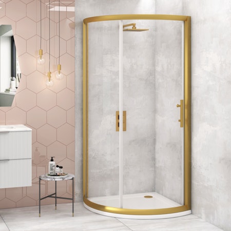 Lustre 860 x 860mm Brushed Brass Quadrant Shower Enclosure with Acrylic Tray - 6mm Single Door