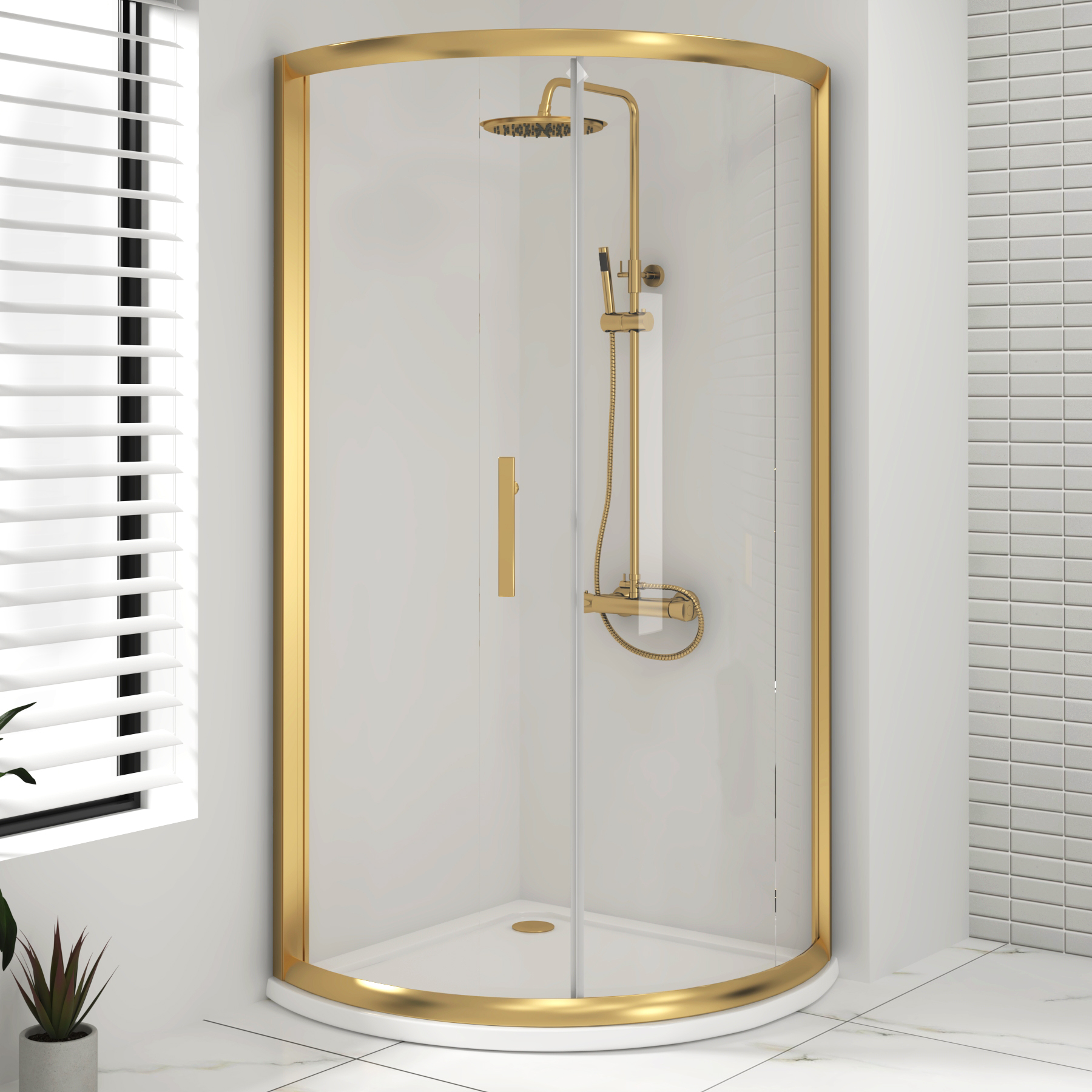 Lustre 760 x 760mm Brushed Brass Quadrant Shower Enclosure with Acrylic Tray - 6mm Single Door ...