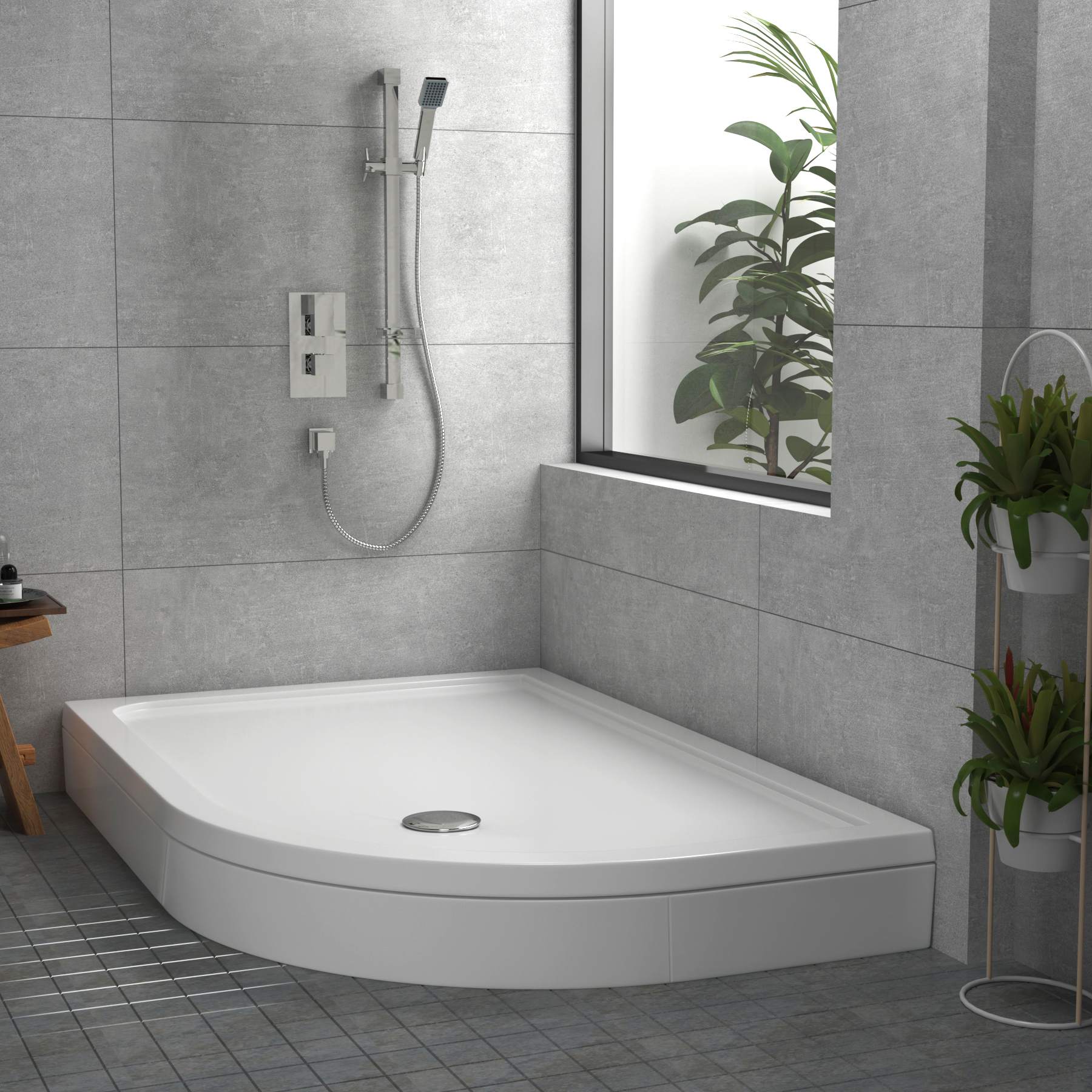 Apex Left Handed Offset Quadrant Stone Shower Tray with Riser Kit