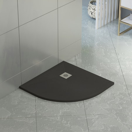 LuxeFlo Quadrant Black Slate Effect Shower Tray 900 x 900 x 30 with Waste & Chrome Grate 
