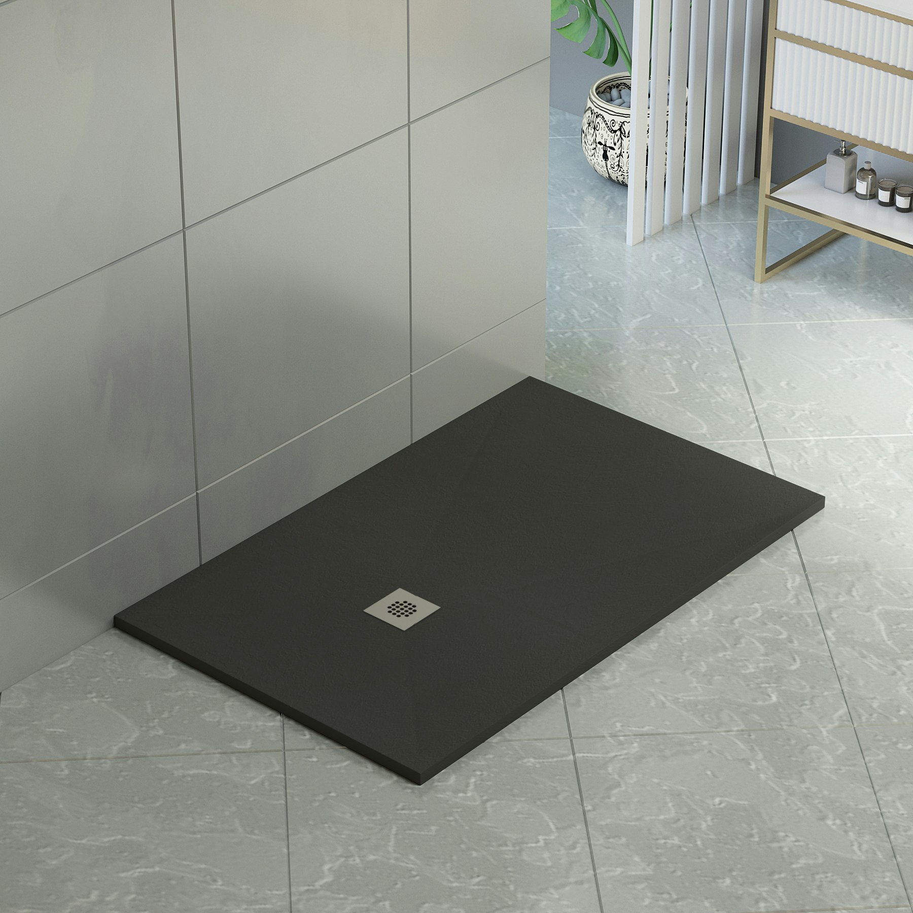 LuxeFlo Rectangular Black Slate Effect Shower Tray 1400 x 700 x 30 with