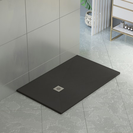LuxeFlo Rectangular Black Slate Effect Shower Tray 1200 x 900 x 30 with Waste & Chrome Grate 