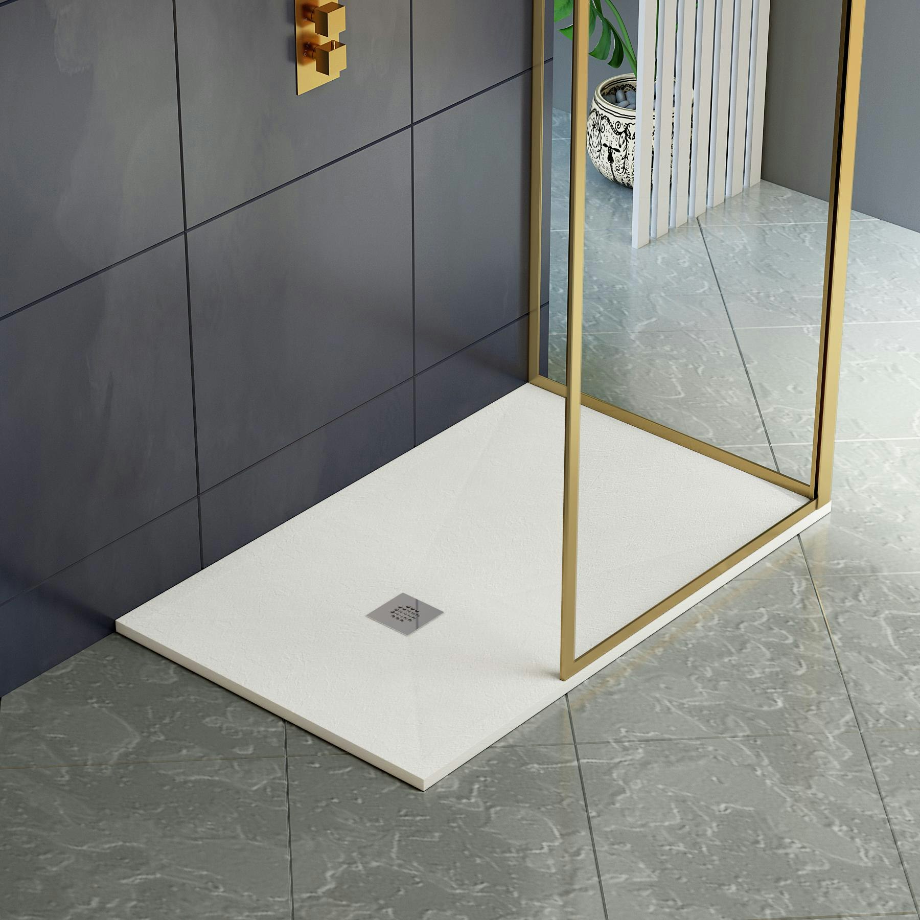 LuxeFlo Rectangular White Slate Effect Shower Tray 1000 x 900 x 30 with Waste & Chrome Grate 