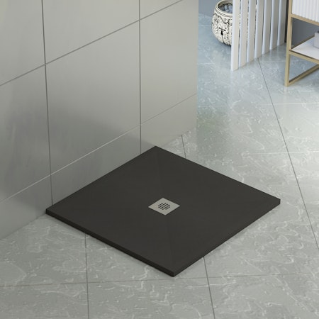 LuxeFlo Square Black Slate Effect Shower Tray with Waste & Chrome Grate  - Multiple Sizes