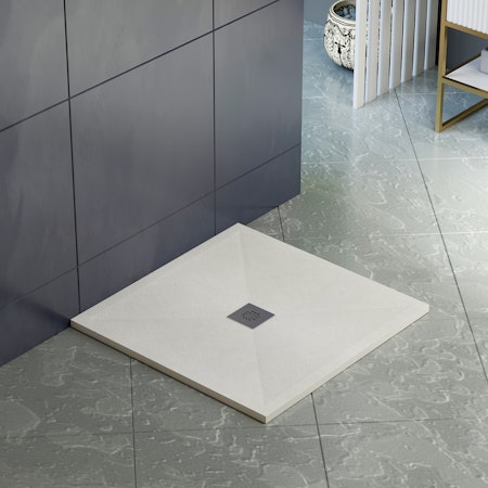 LuxeFlo Square White Slate Effect Shower Tray 800 x 800 x 30 with Waste & Chrome Grate 