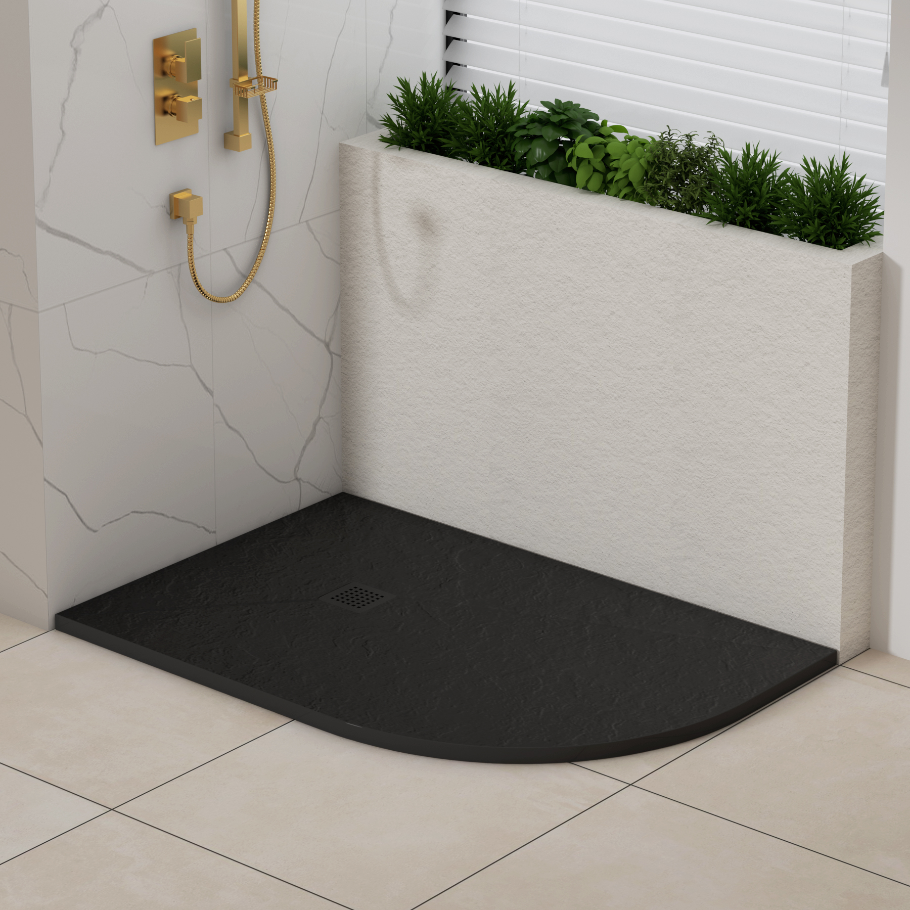 Luxor Offset Quadrant Black Slate Effect Stone Shower Tray 1200 x 800 x 30mm Right Handed with Black Grate