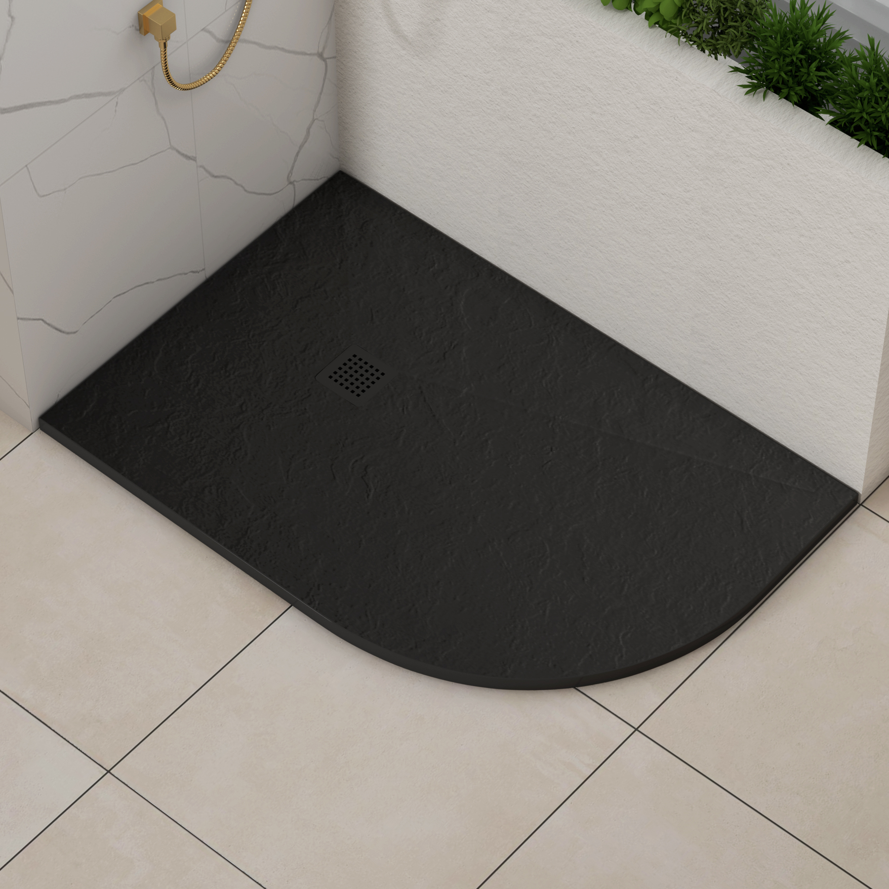 Luxor Offset Quadrant Black Slate Effect Stone Shower Tray 1200 x 800 x 30mm Right Handed with Black Grate