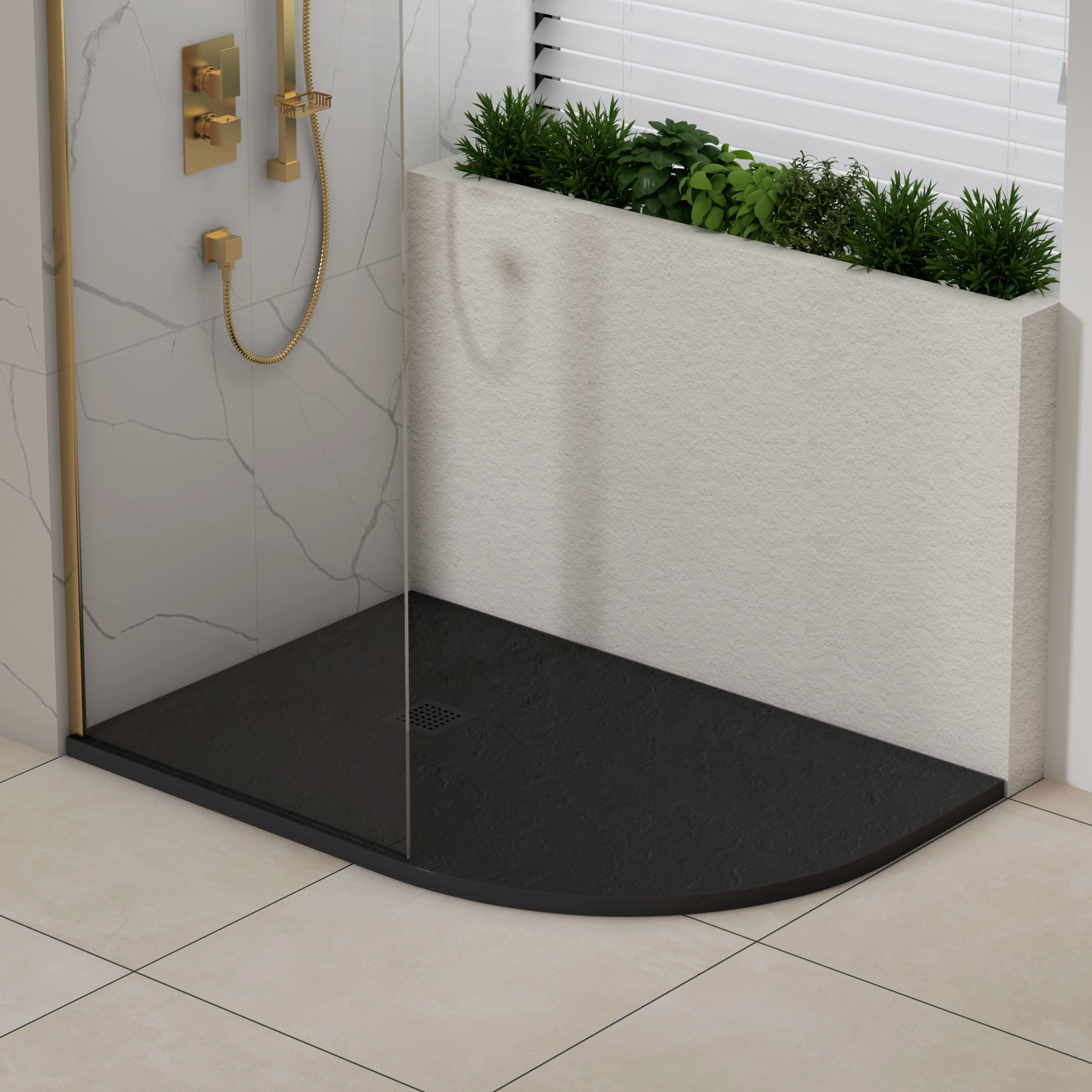 Luxor Offset Quadrant Black Slate Effect Stone Shower Tray 1200 x 800 x 30mm Right Handed with Black Grate