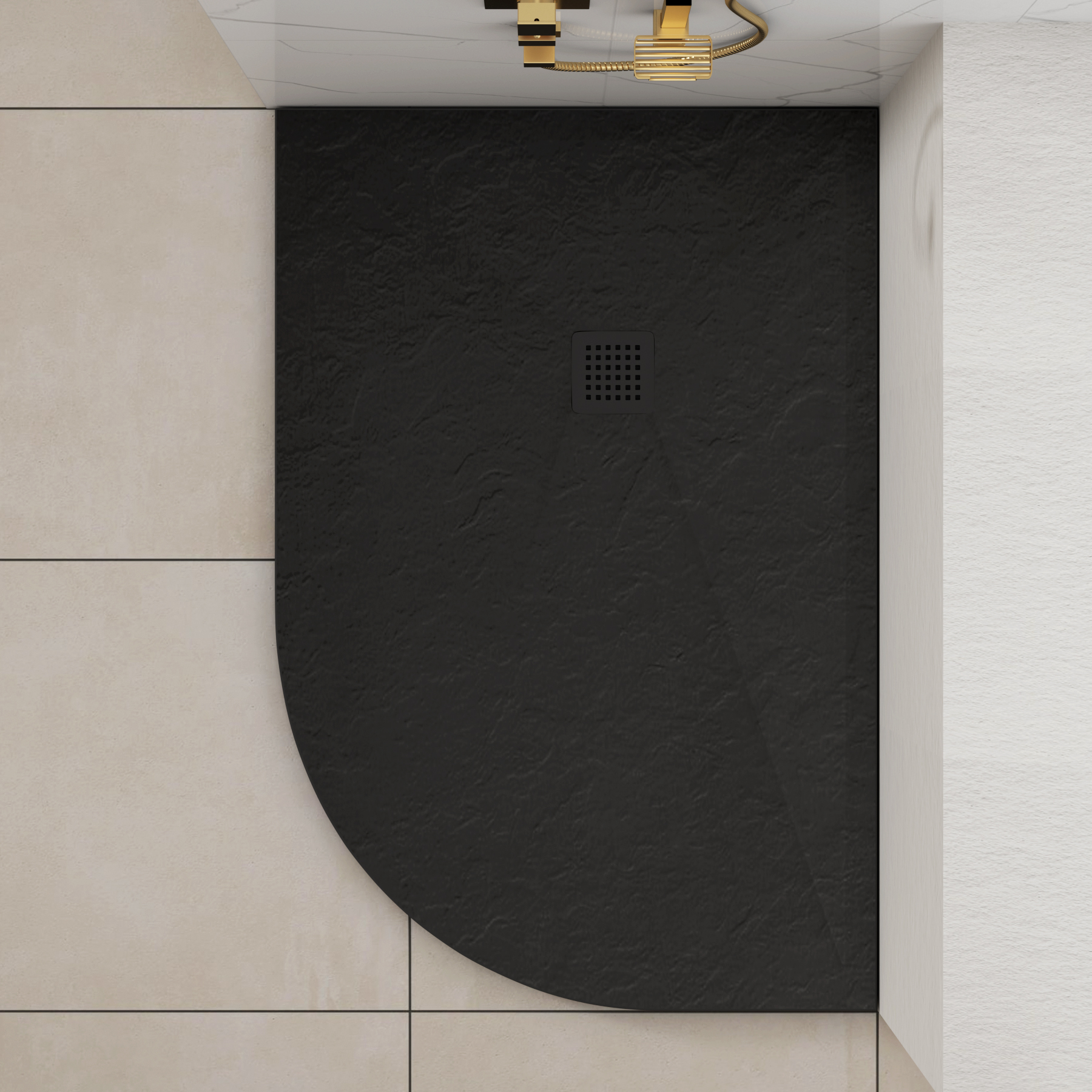 Luxor Offset Quadrant Black Slate Effect Stone Shower Tray 1200 x 800 x 30mm Right Handed with Black Grate