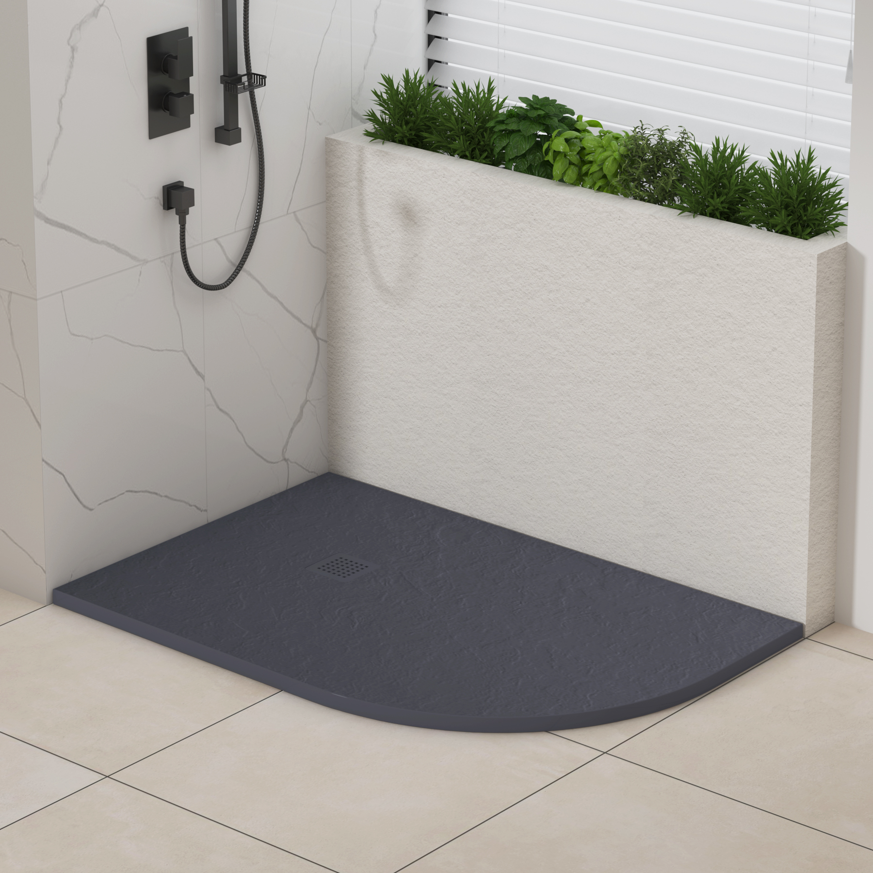 Luxor Offset Quadrant Grey Slate Effect Stone Shower Tray 1200 x 800 x 30mm Right Handed with Grey Grate