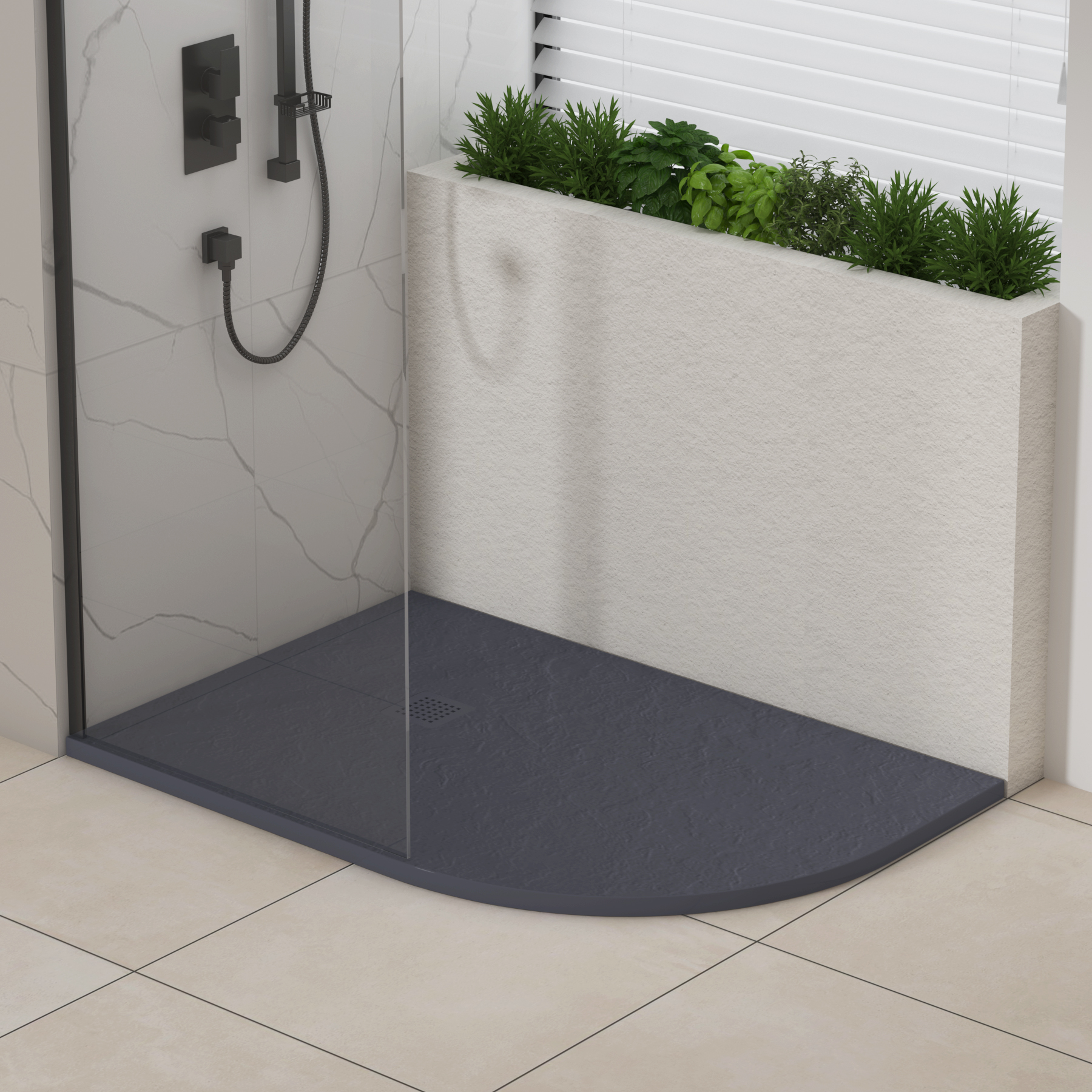 Luxor Offset Quadrant Grey Slate Effect Stone Shower Tray 1200 x 800 x 30mm Right Handed with Grey Grate