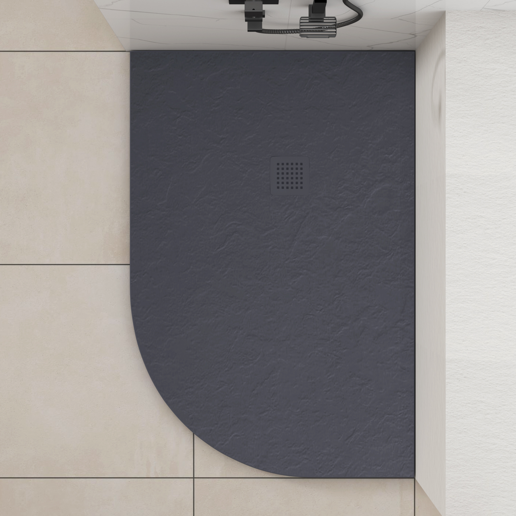 Luxor Offset Quadrant Grey Slate Effect Stone Shower Tray 1200 x 800 x 30mm Right Handed with Grey Grate