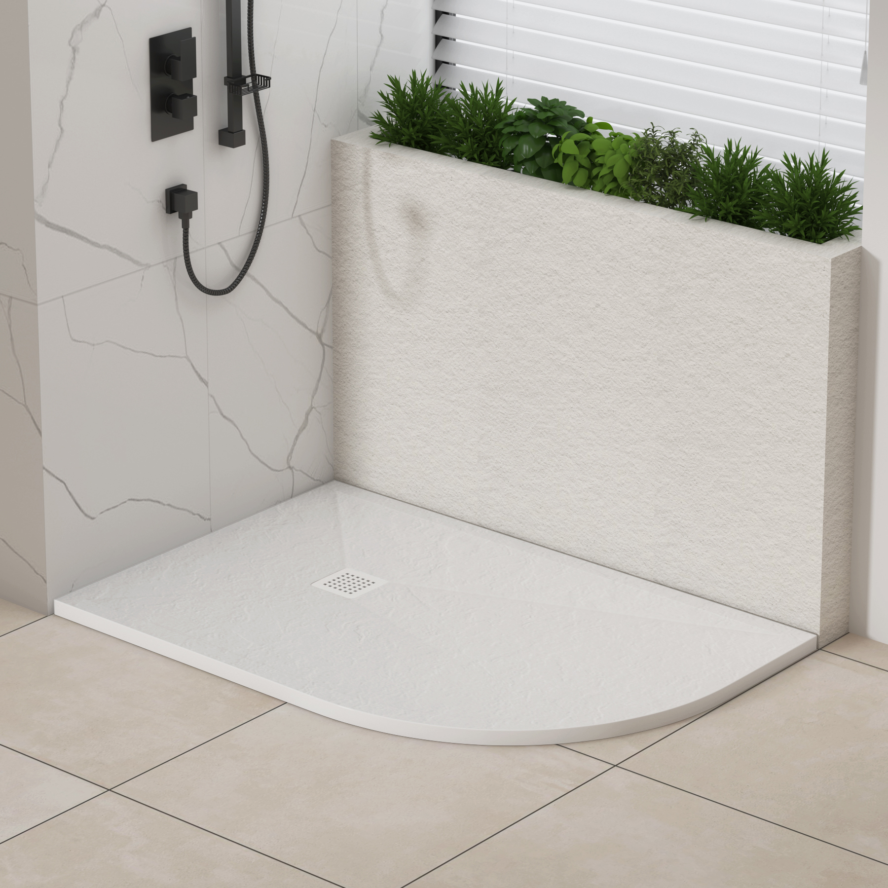 Luxor Offset Quadrant White Slate Effect Stone Shower Tray 1200 x 800 x 30mm Right Handed with White Grate
