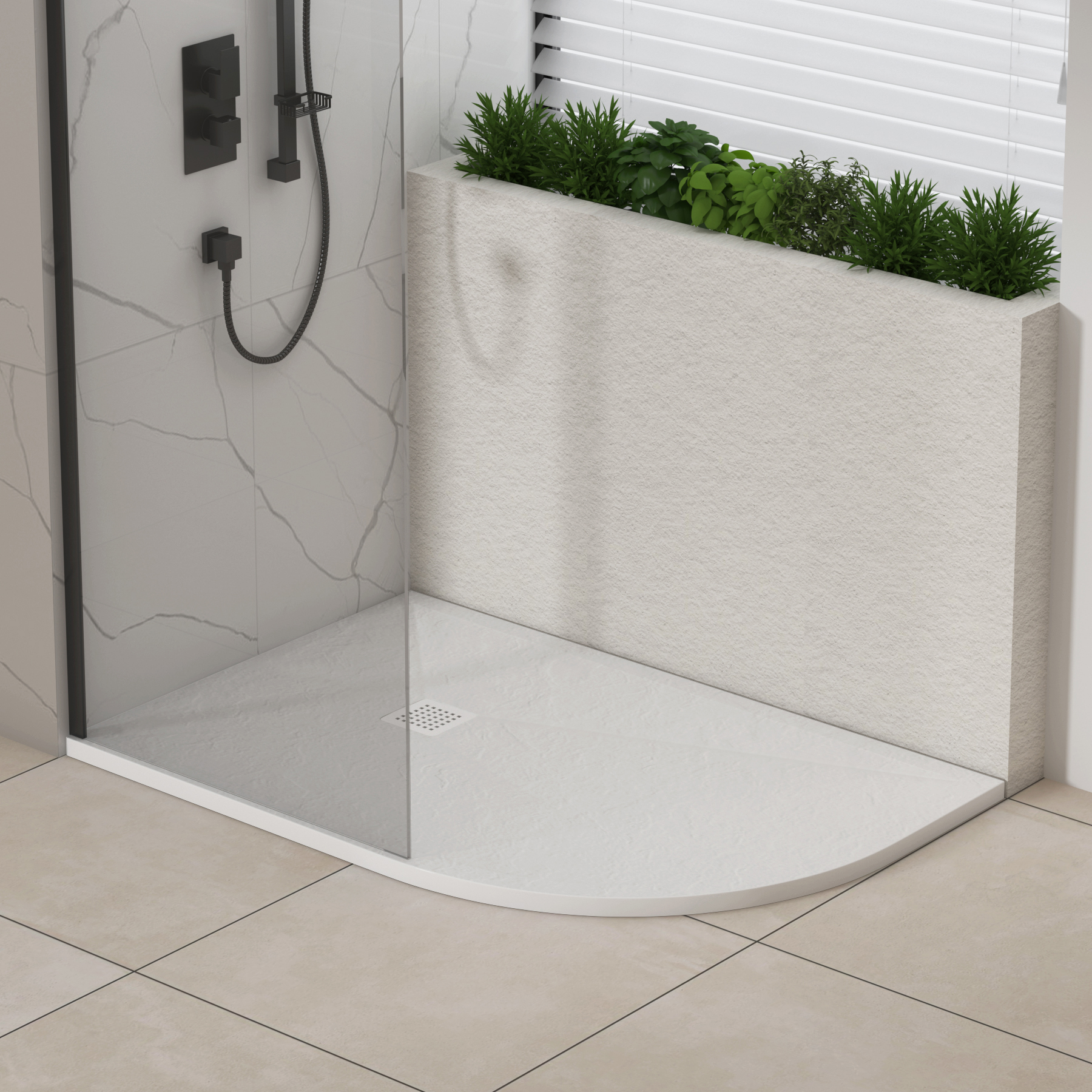 Luxor Offset Quadrant White Slate Effect Stone Shower Tray 1200 x 800 x 30mm Right Handed with White Grate
