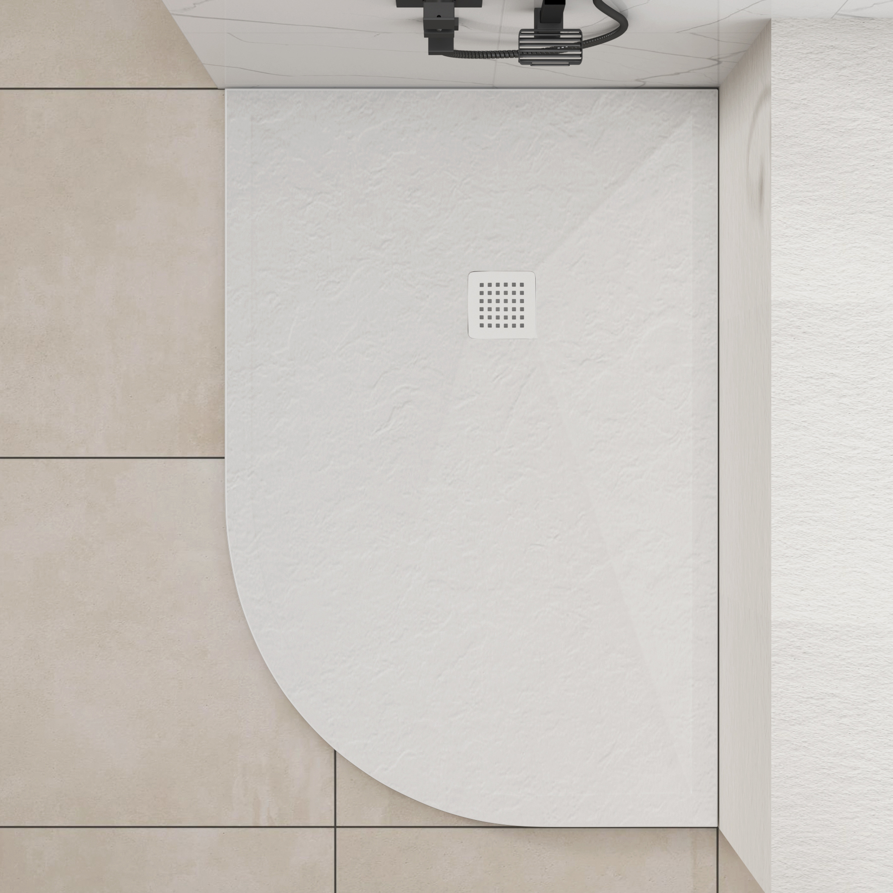 Luxor Offset Quadrant White Slate Effect Stone Shower Tray 1200 x 800 x 30mm Right Handed with White Grate