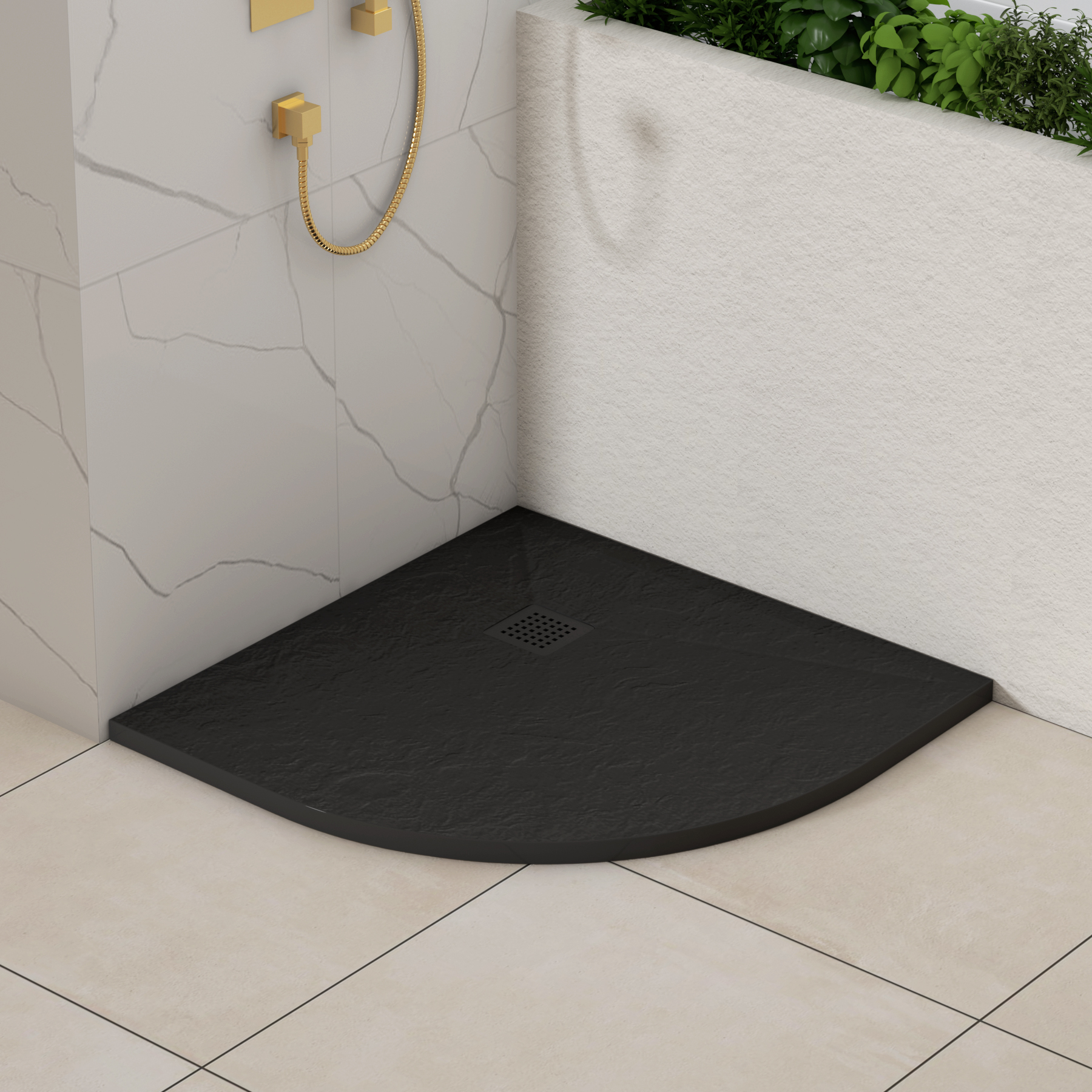 Luxor Quadrant Black Slate Effect Stone Shower Tray with Black Grate
