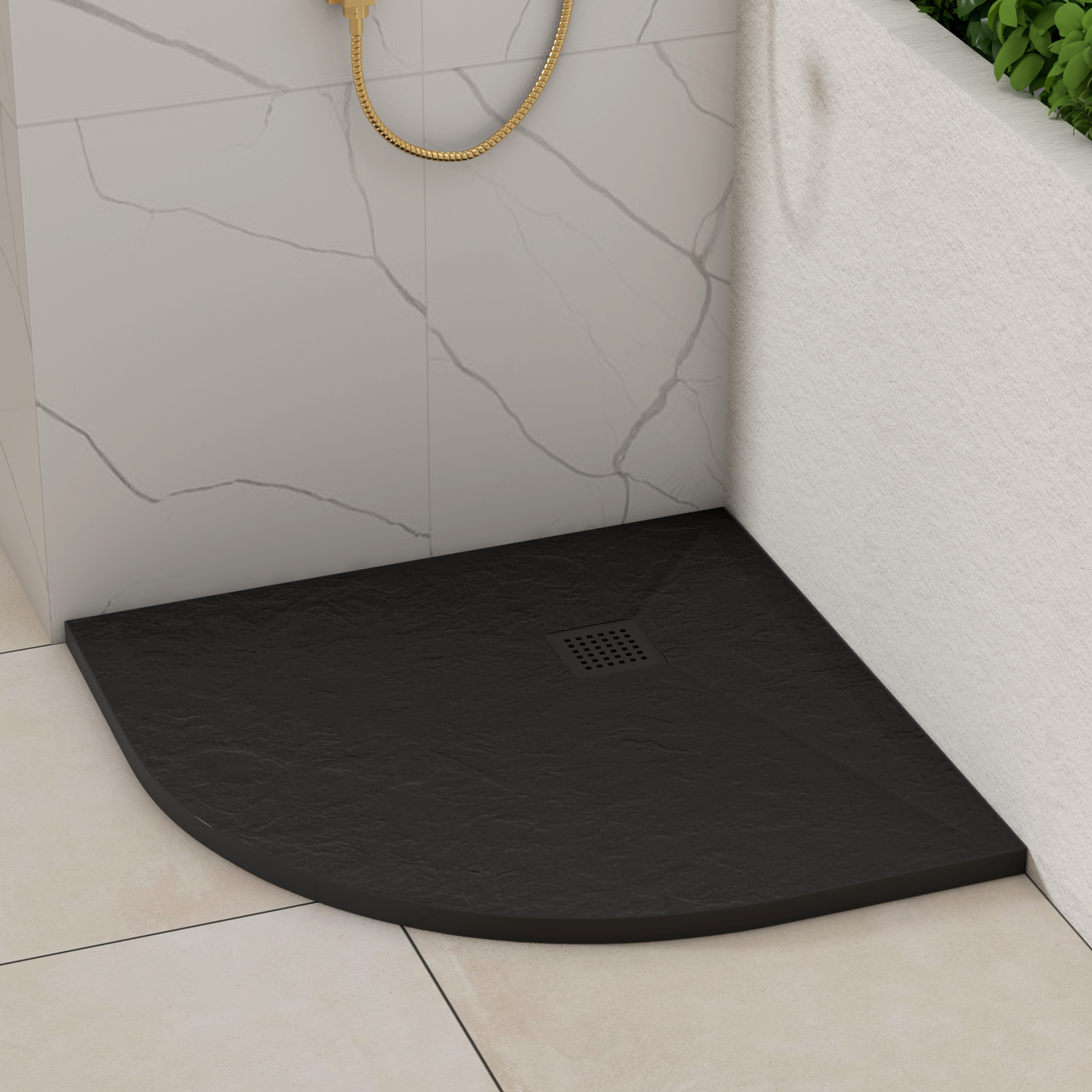 Luxor Quadrant Black Slate Effect Stone Shower Tray with Black Grate