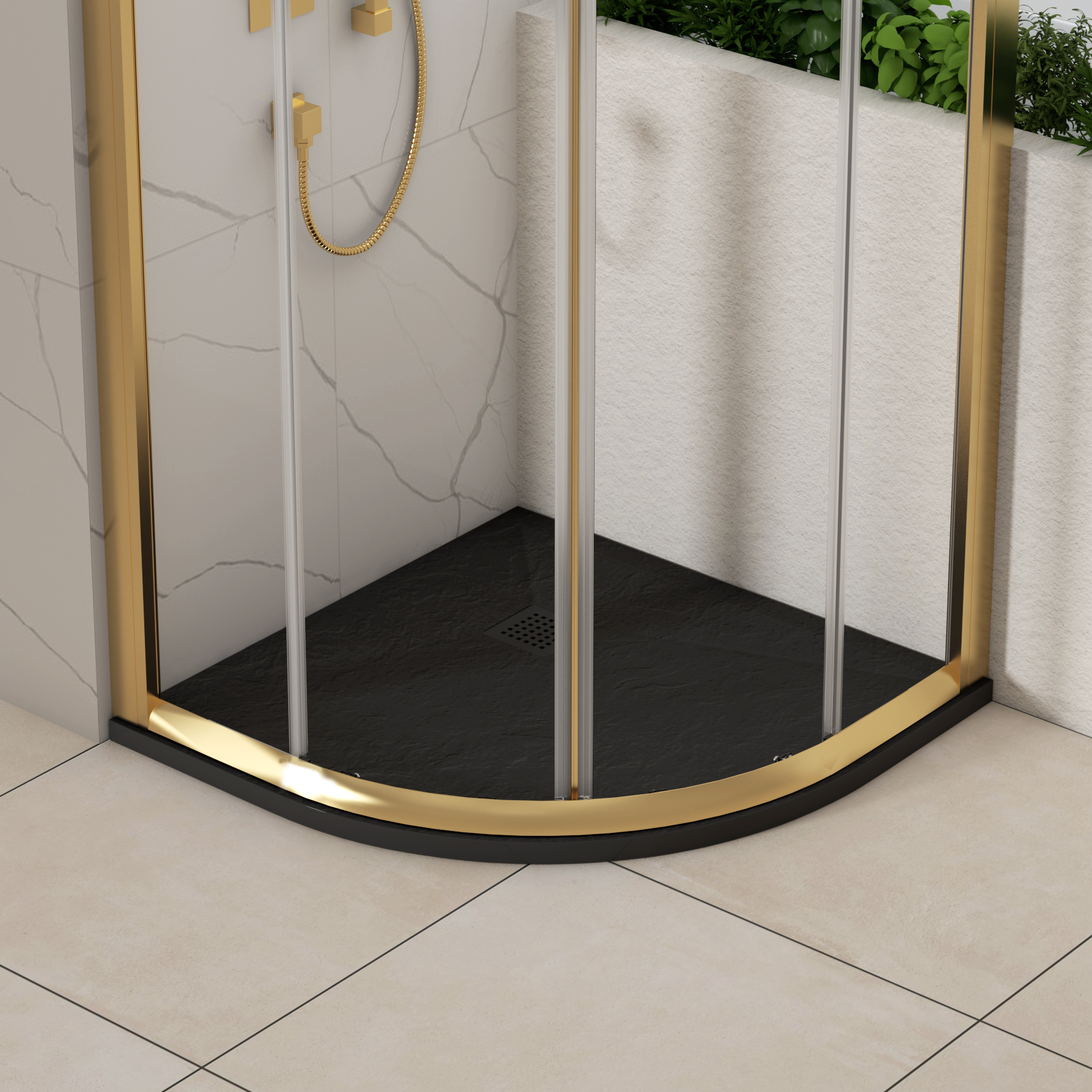 Luxor Quadrant Black Slate Effect Stone Shower Tray with Black Grate