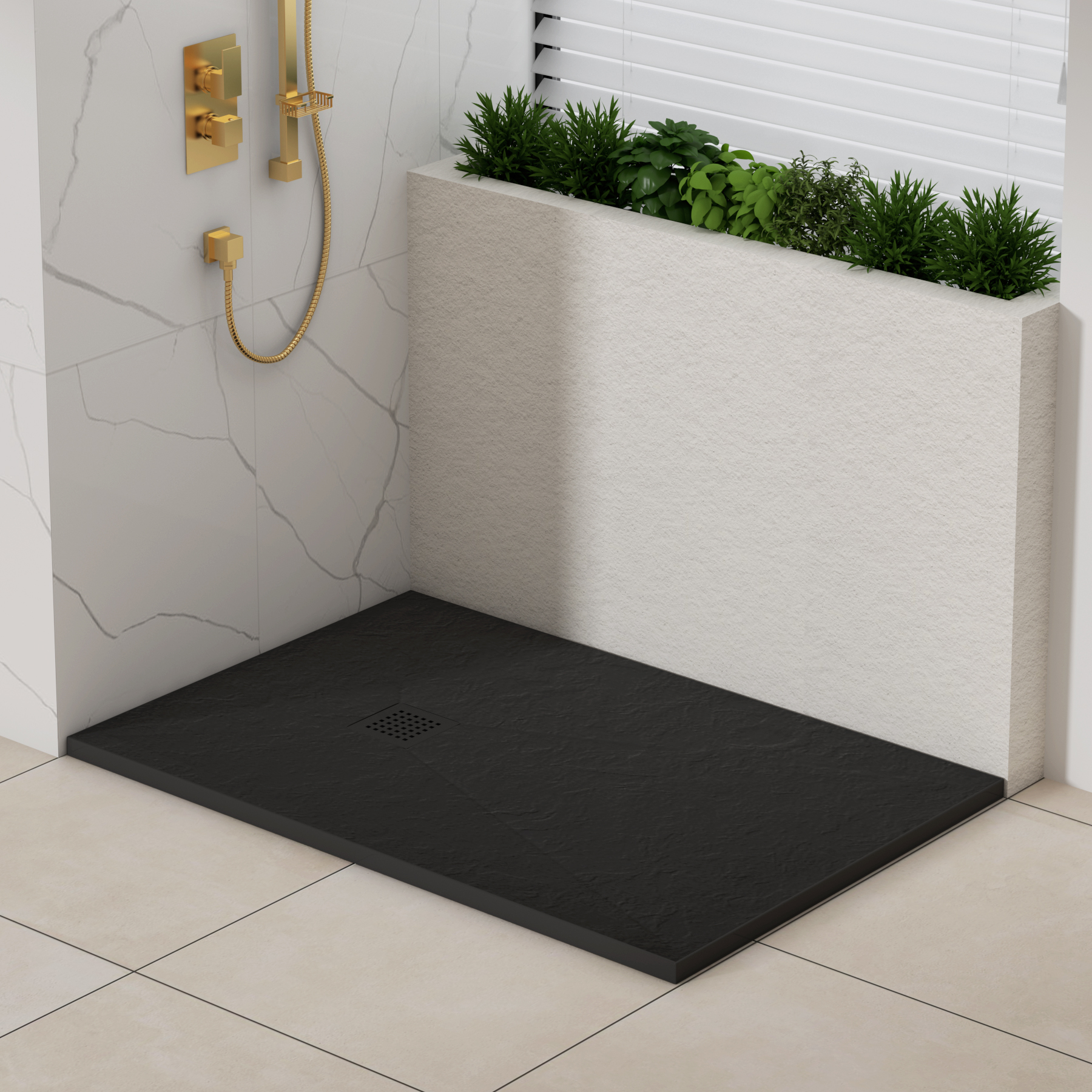 Luxor Rectangular Black Slate Effect Stone Shower Tray with Black Grate