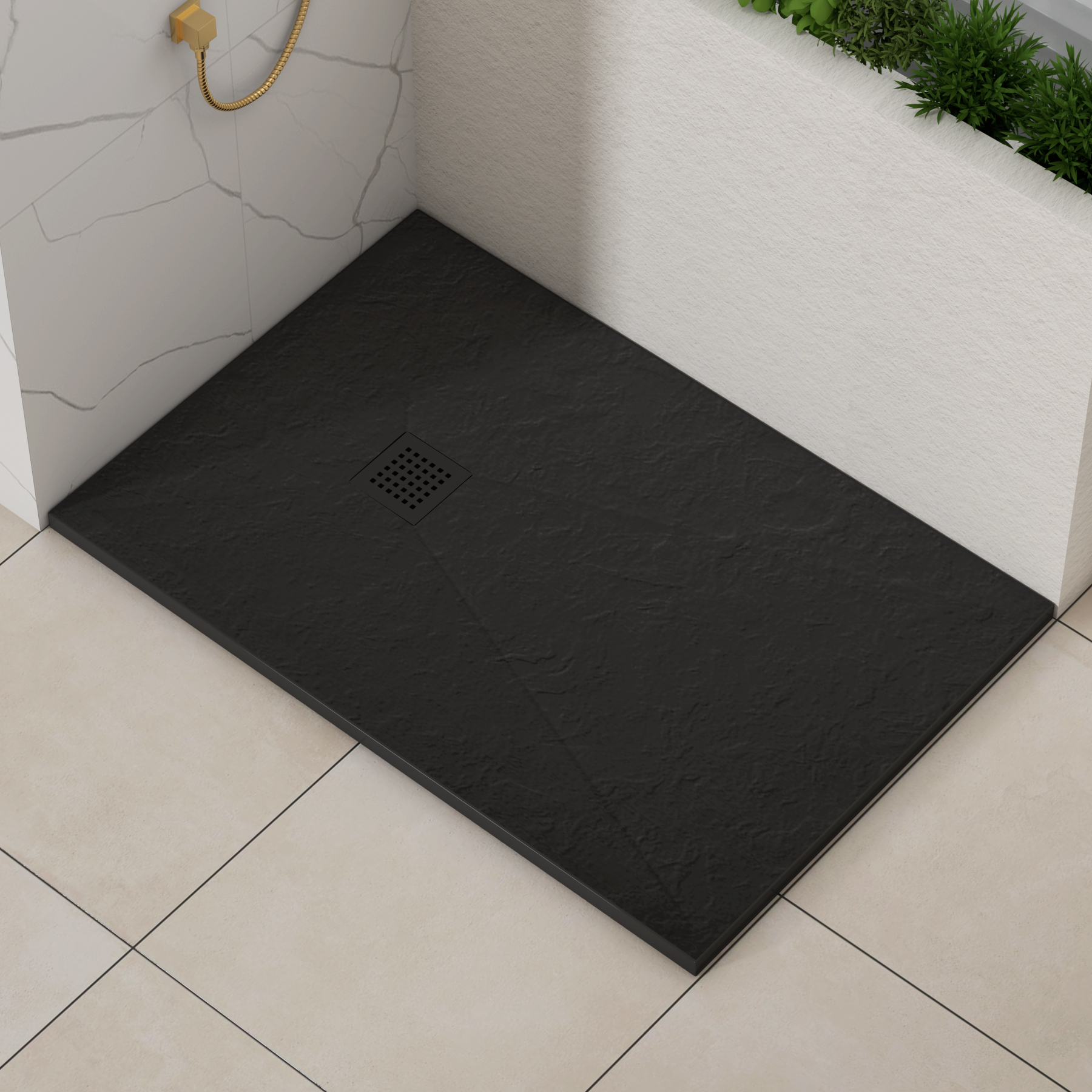 Luxor Rectangular Black Slate Effect Stone Shower Tray with Black Grate