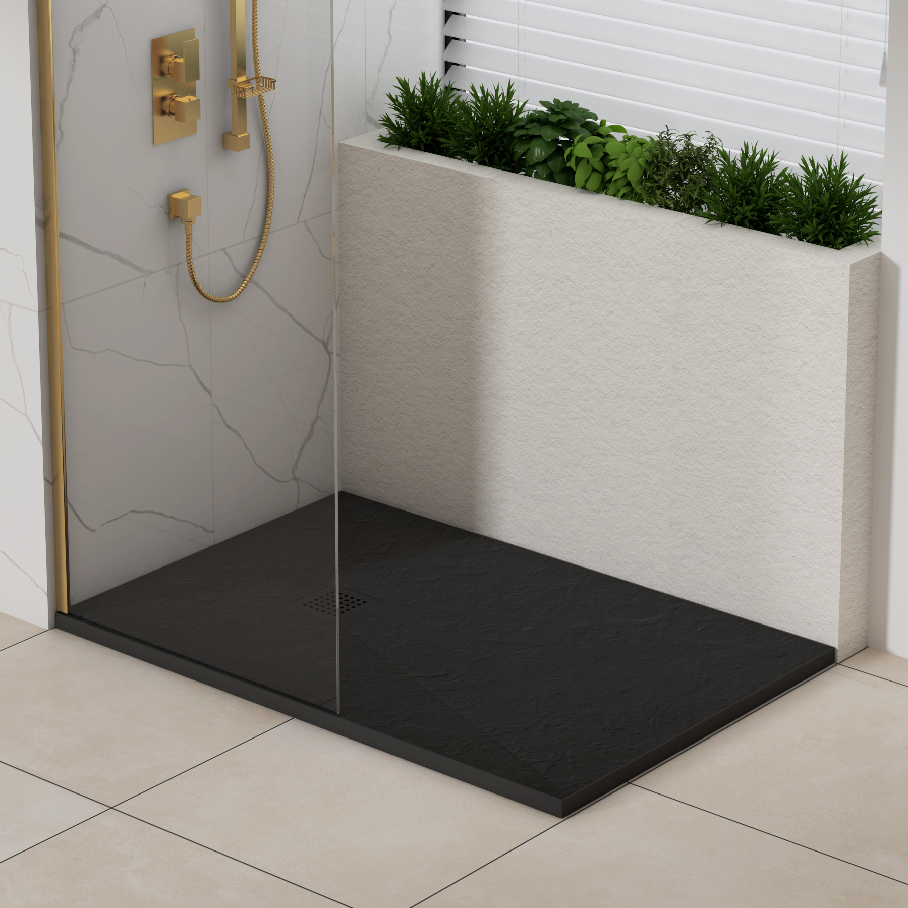 Luxor Rectangular Black Slate Effect Stone Shower Tray with Black Grate