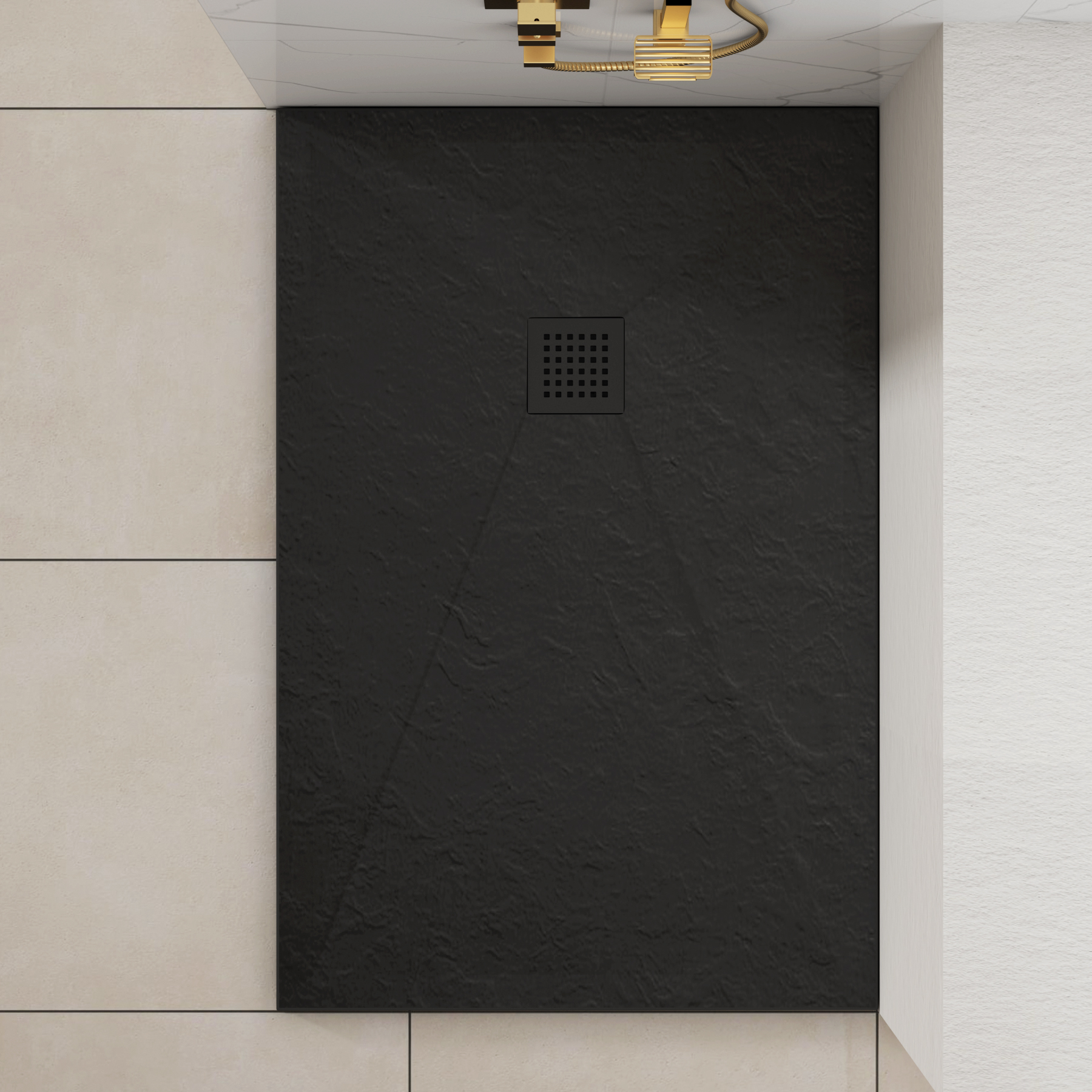 Luton Recessed Sliding Shower Screen with Black Slate Effect Stone Shower Tray 8mm Glass, 1950mm Tall - Brushed Bronze
