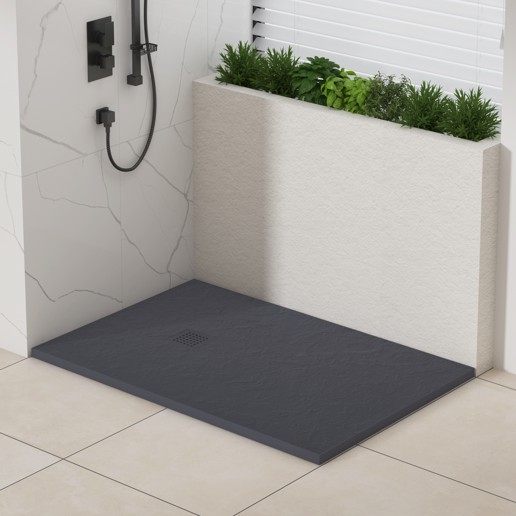Luxor Rectangular Grey Slate Effect Stone Shower Tray with Grey Grate