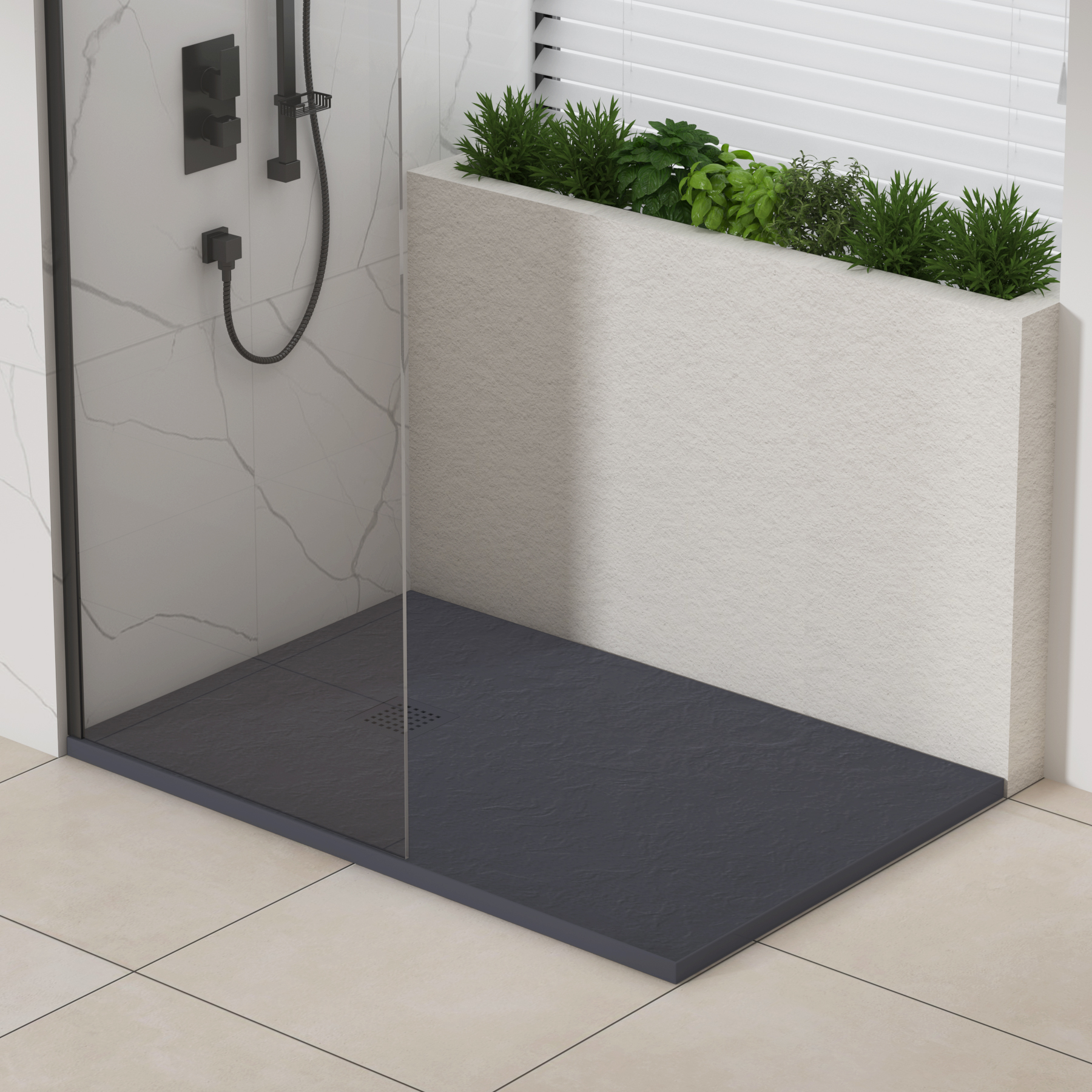 Luxor Rectangular Grey Slate Effect Stone Shower Tray with Grey Grate