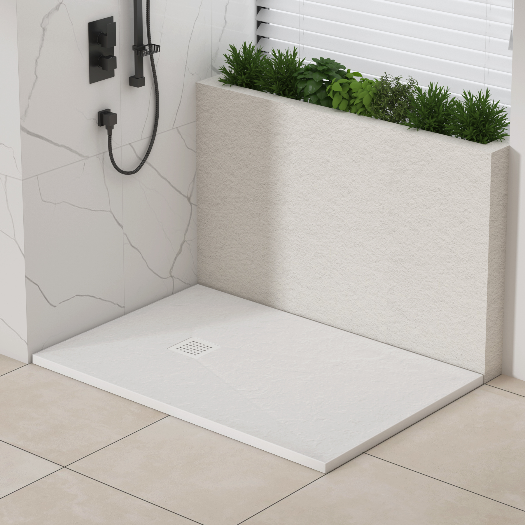 Luxor Rectangular White Slate Effect Stone Shower Tray with White Grate