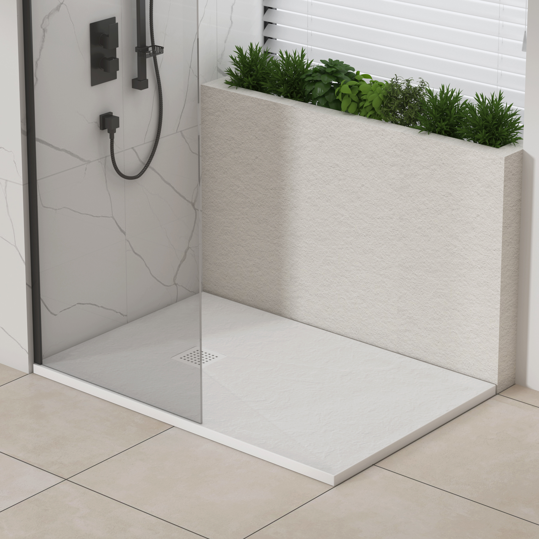 Luxor Rectangular White Slate Effect Stone Shower Tray with White Grate