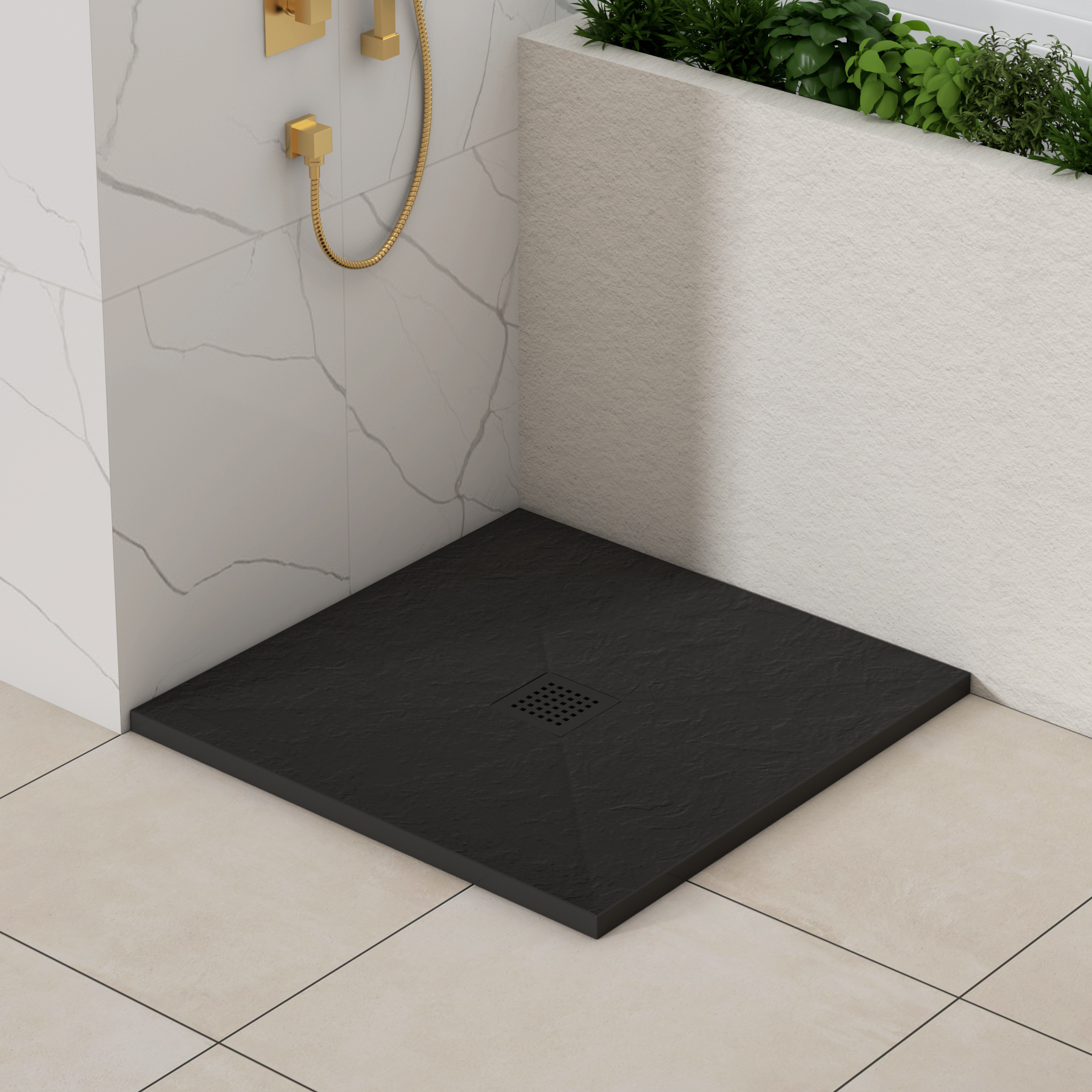 Luxor Square Black Slate Effect Stone Shower Tray with Black Grate