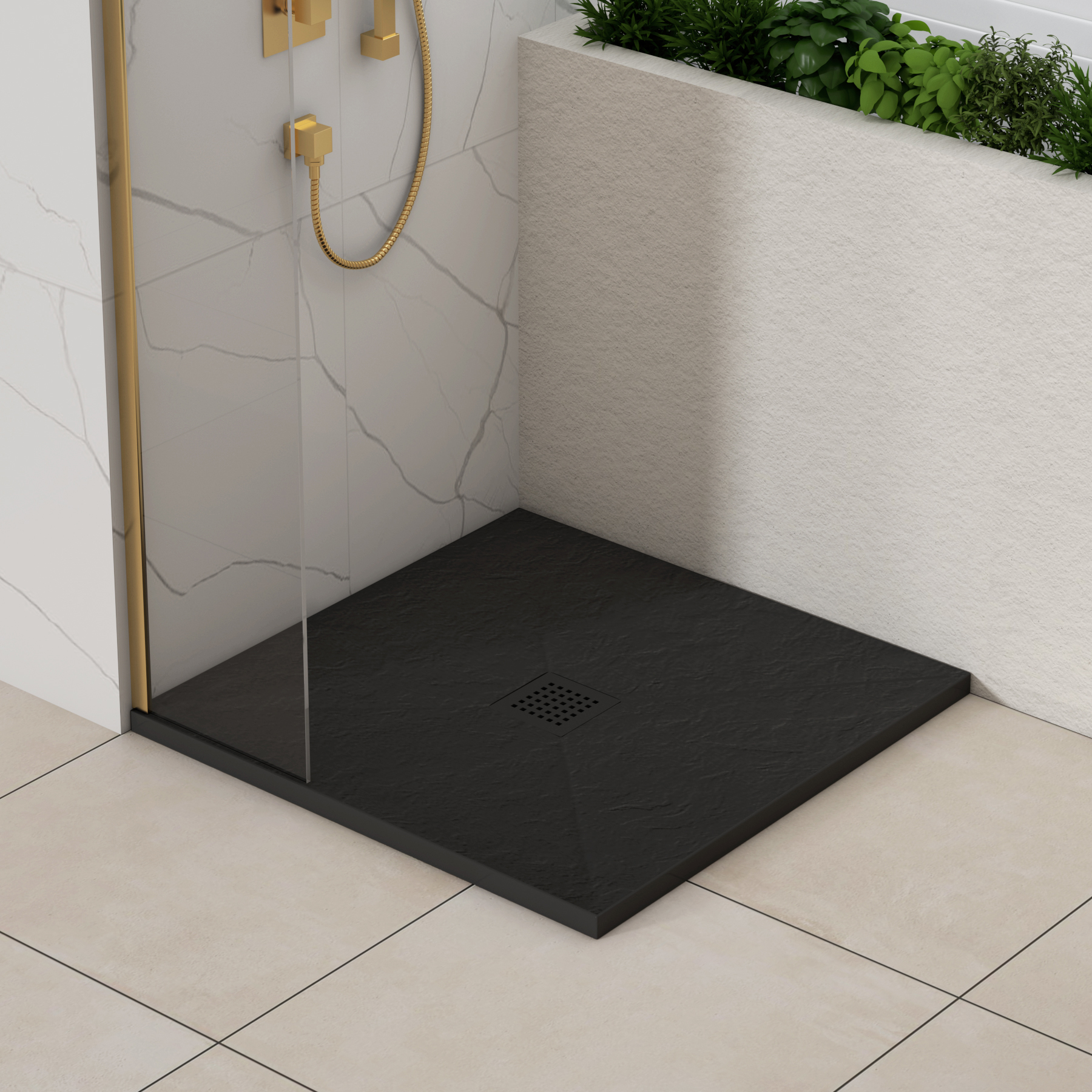 Luxor Square Black Slate Effect Stone Shower Tray with Black Grate