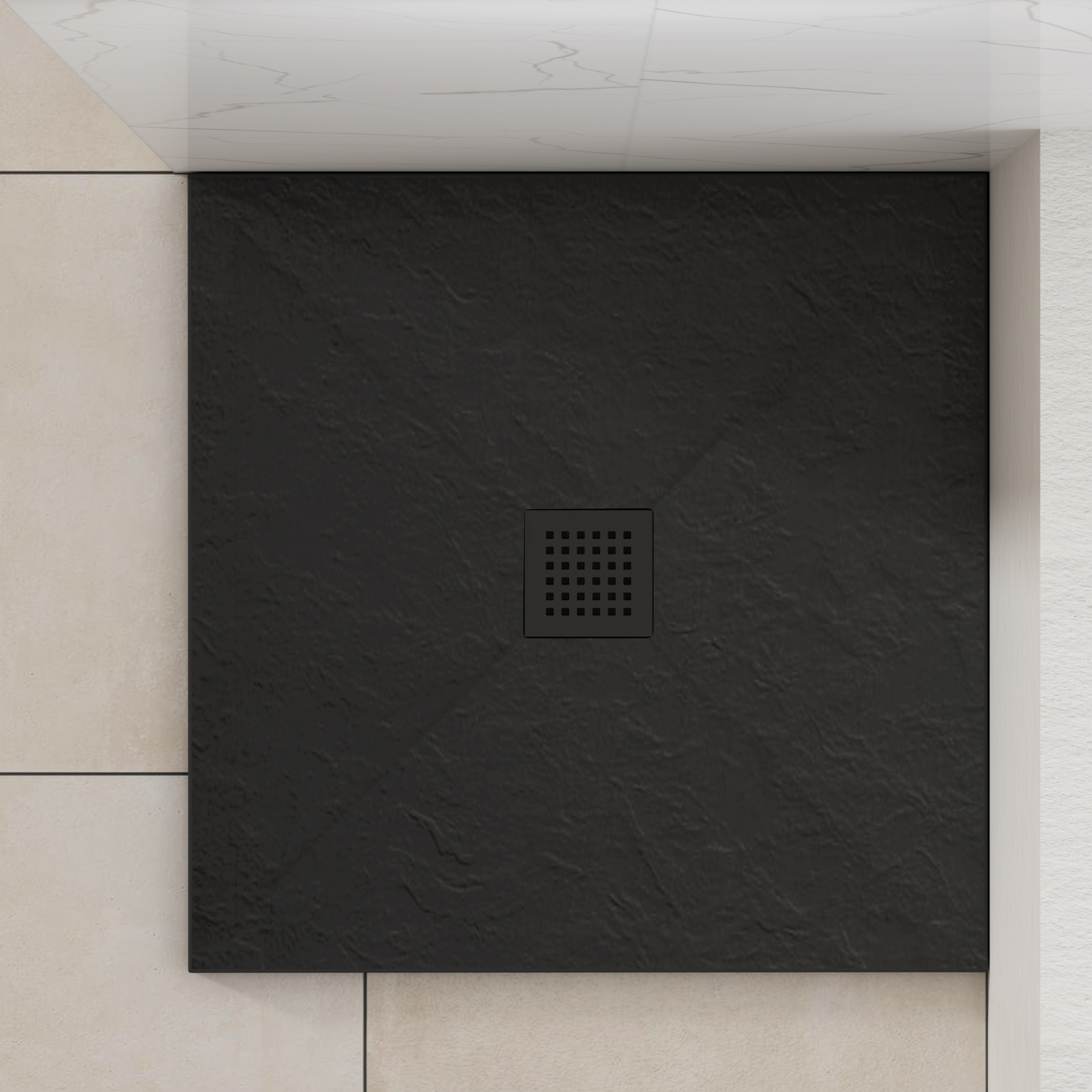 Luxor Square Black Slate Effect Stone Shower Tray with Black Grate