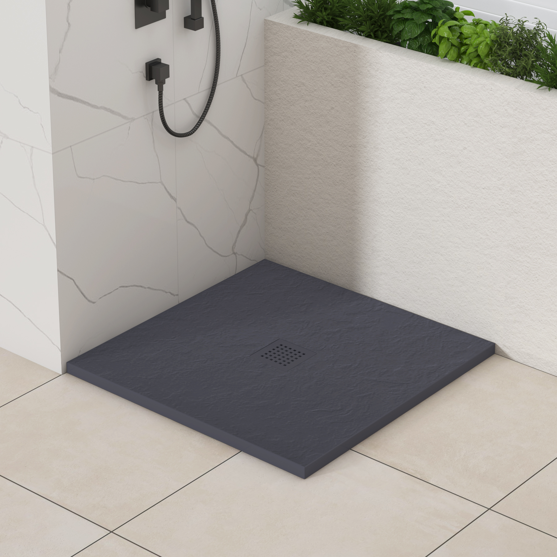 Luxor Square Grey Slate Effect Stone Shower Tray with Grey Grate