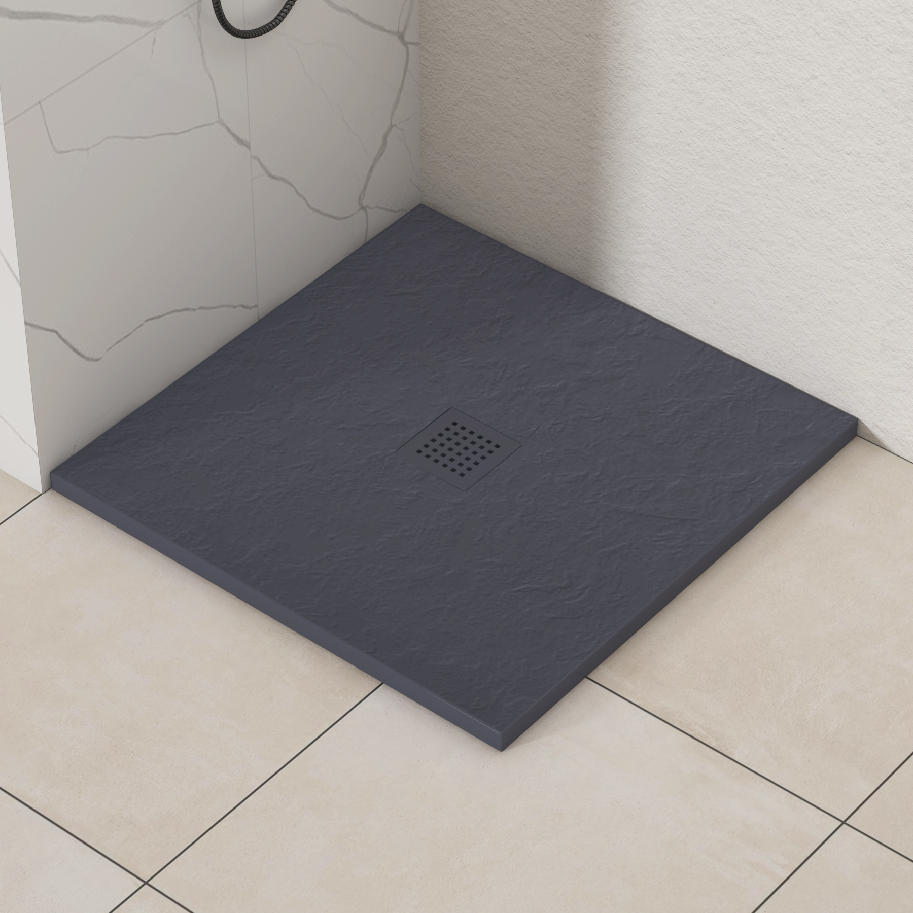 Luxor Square Grey Slate Effect Stone Shower Tray with Grey Grate