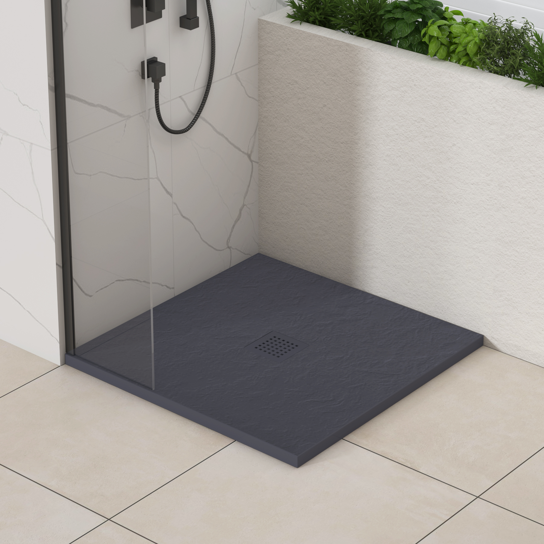 Luxor Square Grey Slate Effect Stone Shower Tray with Grey Grate