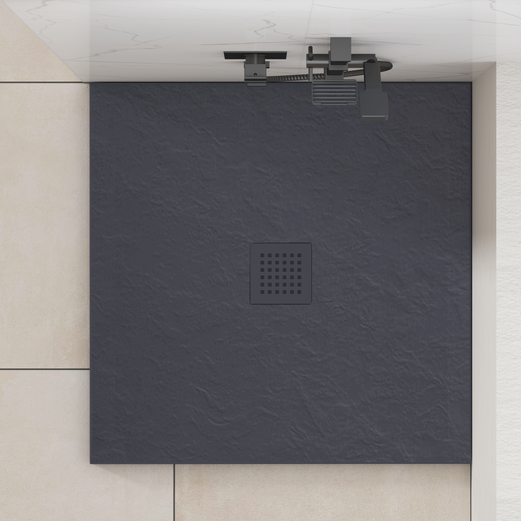 Luxor Square Grey Slate Effect Stone Shower Tray with Grey Grate