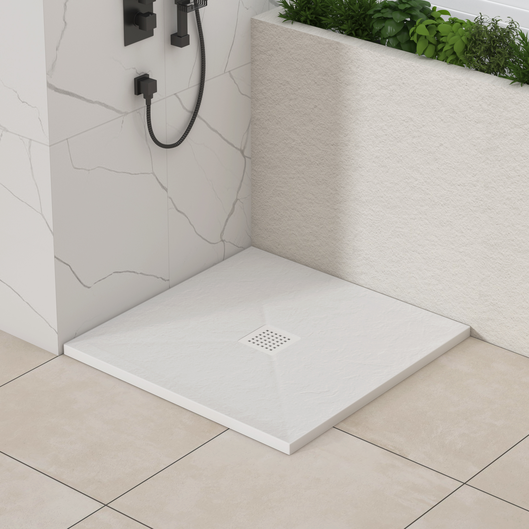 Luxor Square White Slate Effect Stone Shower Tray with White Grate