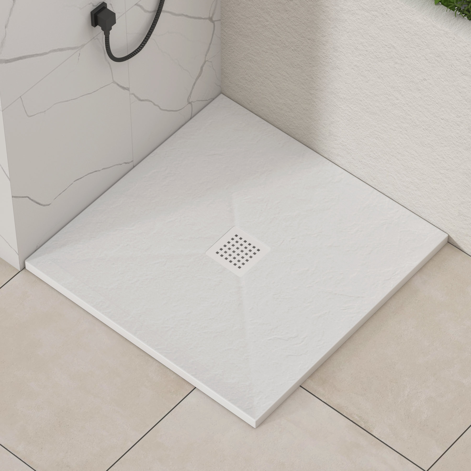 Luxor Square White Slate Effect Stone Shower Tray with White Grate